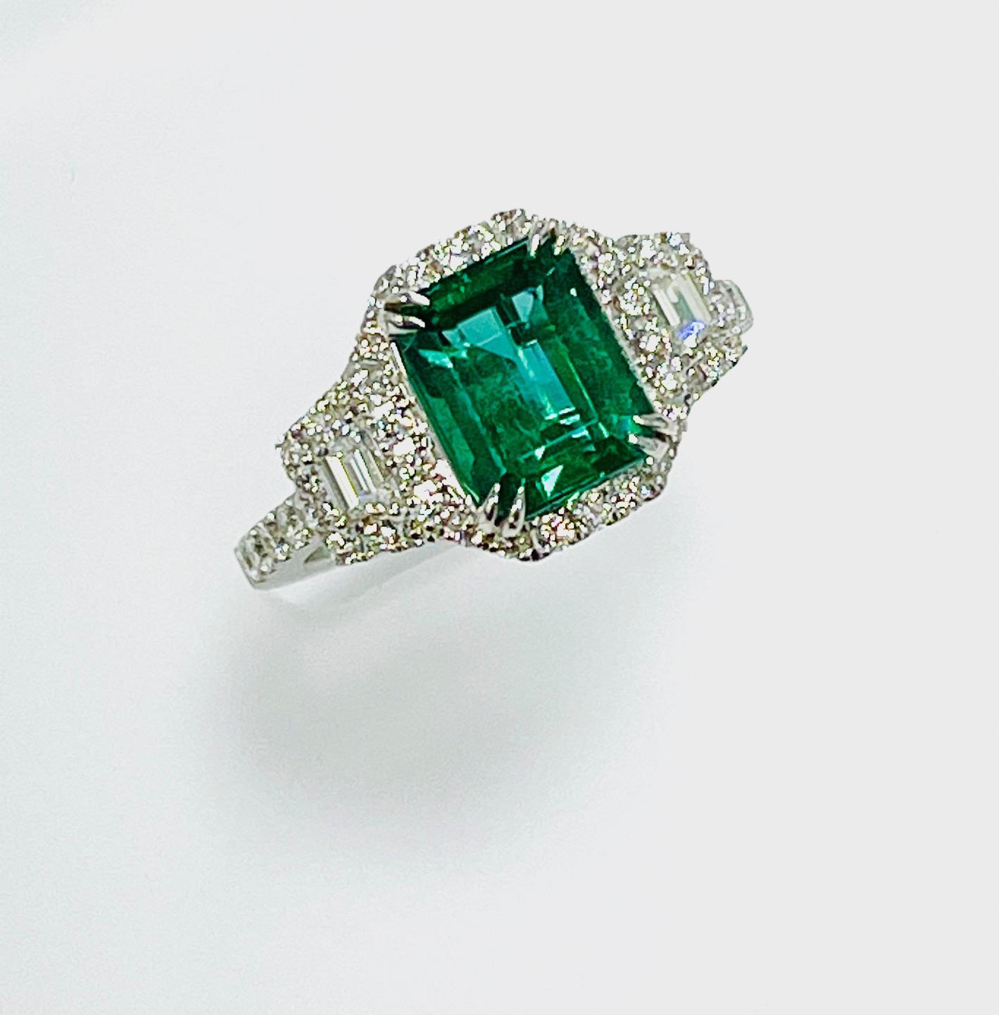 Emerald Cut 2.16 Carat Zambian Emerald Diamond Cocktail Ring For Sale