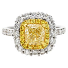 2.16 Carats Cushion Cut Fancy Yellow Diamond Two-Tone 18 Karat Gold Ring