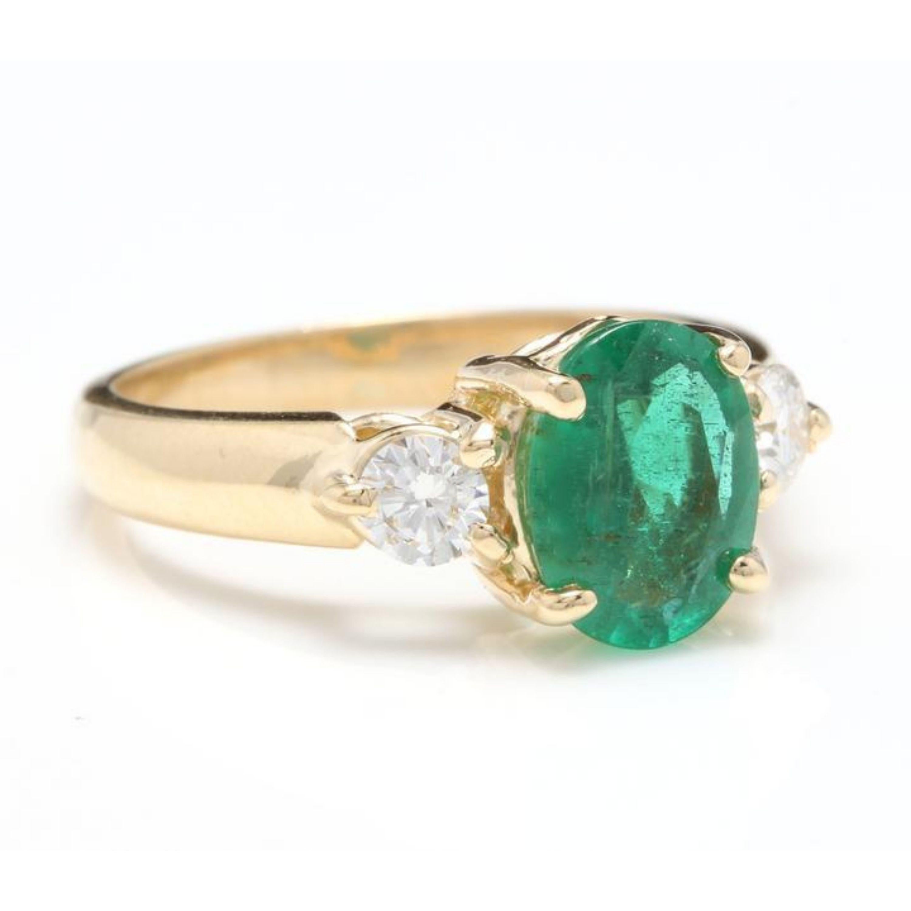 2.16 Carats Natural Emerald and Diamond 14K Solid Yellow Gold Ring

Total Natural Green Emerald Weight is: Approx. 1.80 Carats (transparent)

Emerald Measures: Approx. 9.00 x 7.00mm

Natural Round Diamonds Weight: 0.36 Carats (color H / Clarity