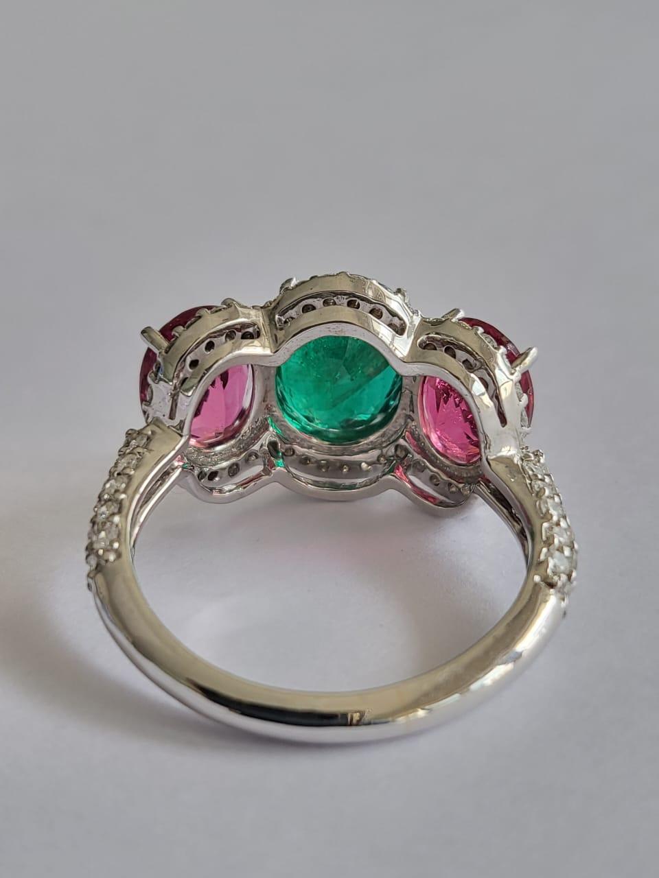 2.16 Carats Zambian Emerald, 2.69 Carats Rubelite & Diamonds Band Cocktail Ring In New Condition For Sale In Hong Kong, HK