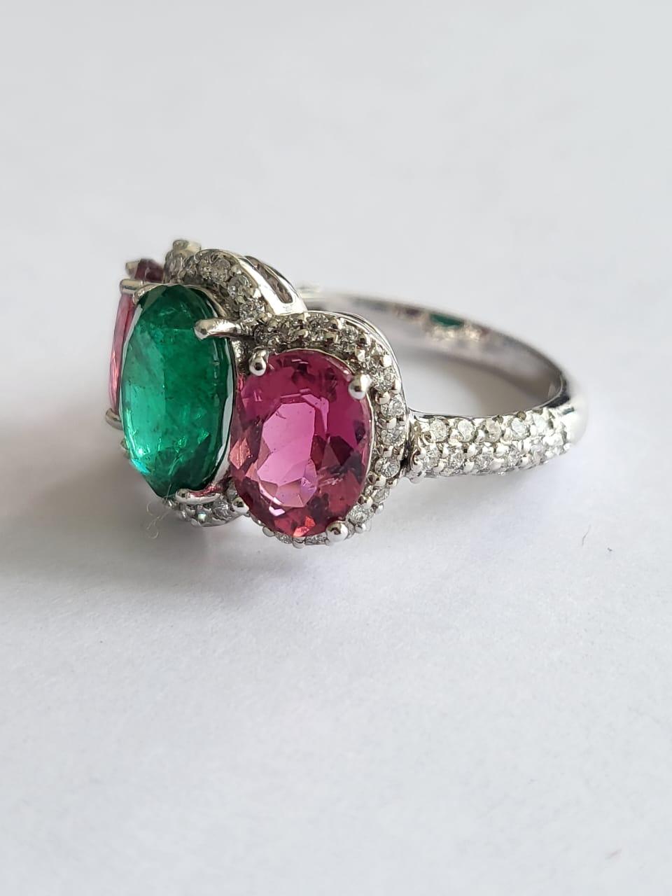 Women's or Men's 2.16 Carats Zambian Emerald, 2.69 Carats Rubelite & Diamonds Band Cocktail Ring For Sale