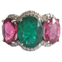 2.16 Carats Zambian Emerald, 2.69 Carats Rubelite & Diamonds Band Cocktail Ring