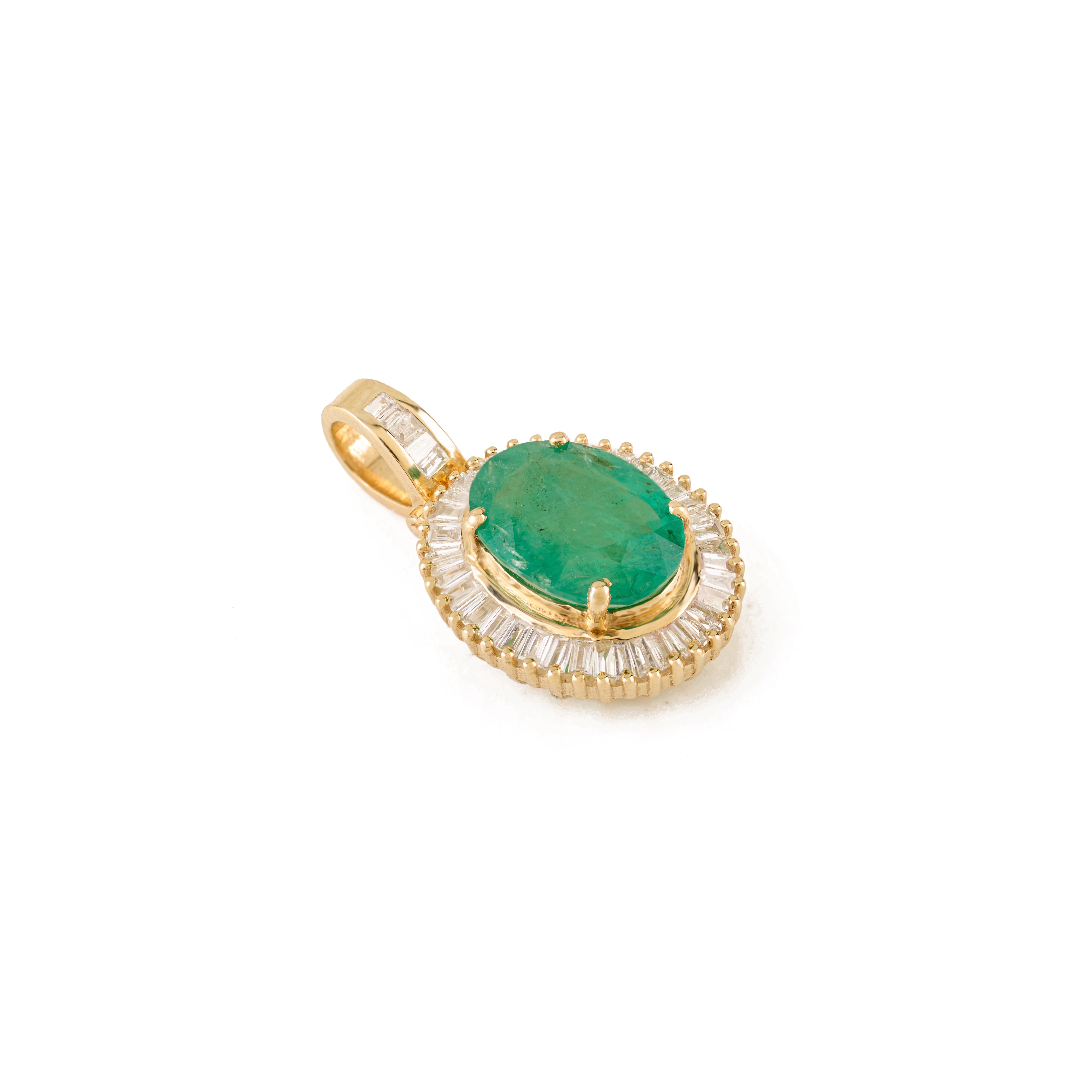 Modernista Ciondolo a forma di smeraldo ovale e diamante baguette da 2,16 carati in oro 14K Regalo di Natale in vendita