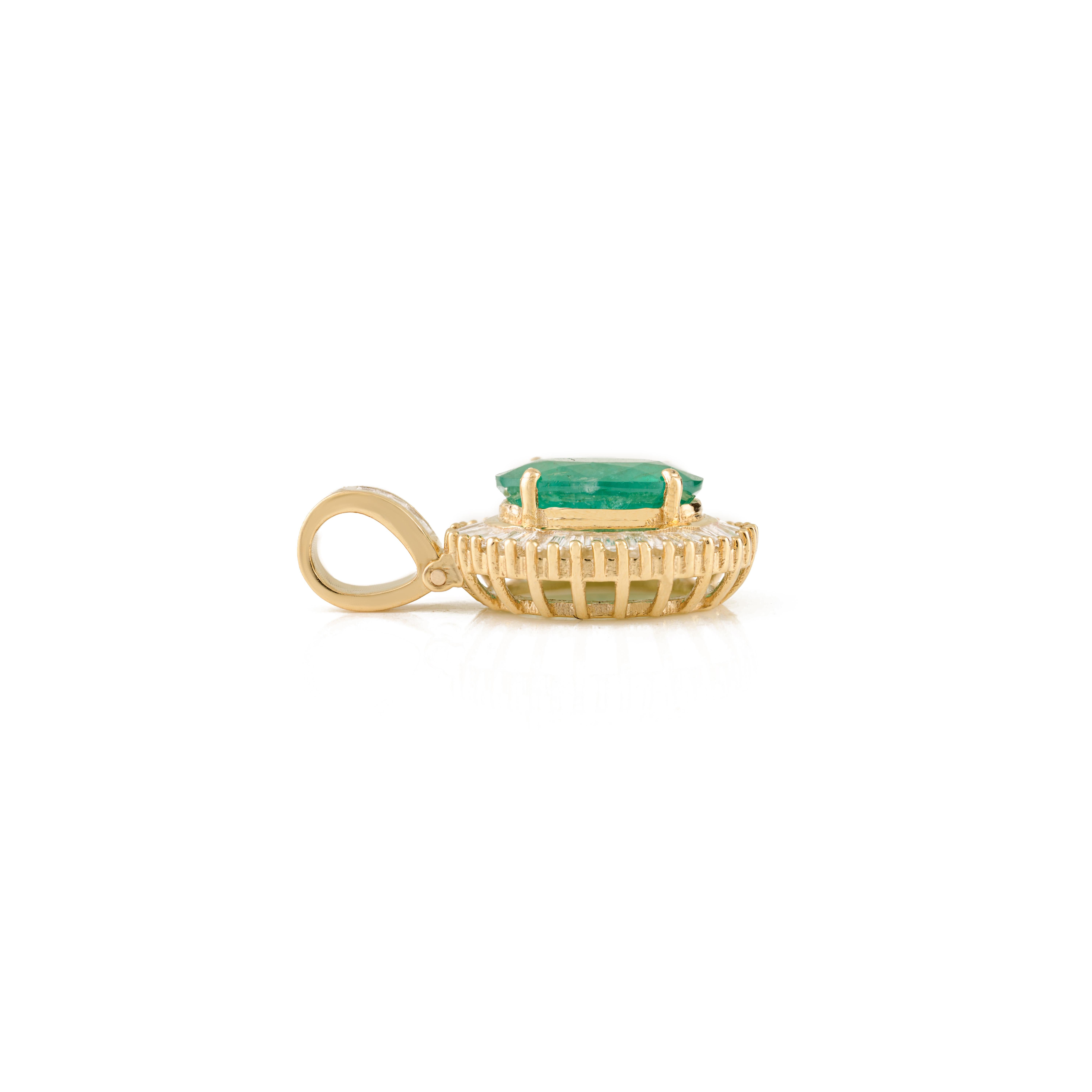 Ciondolo a forma di smeraldo ovale e diamante baguette da 2,16 carati in oro 14K Regalo di Natale in vendita 3