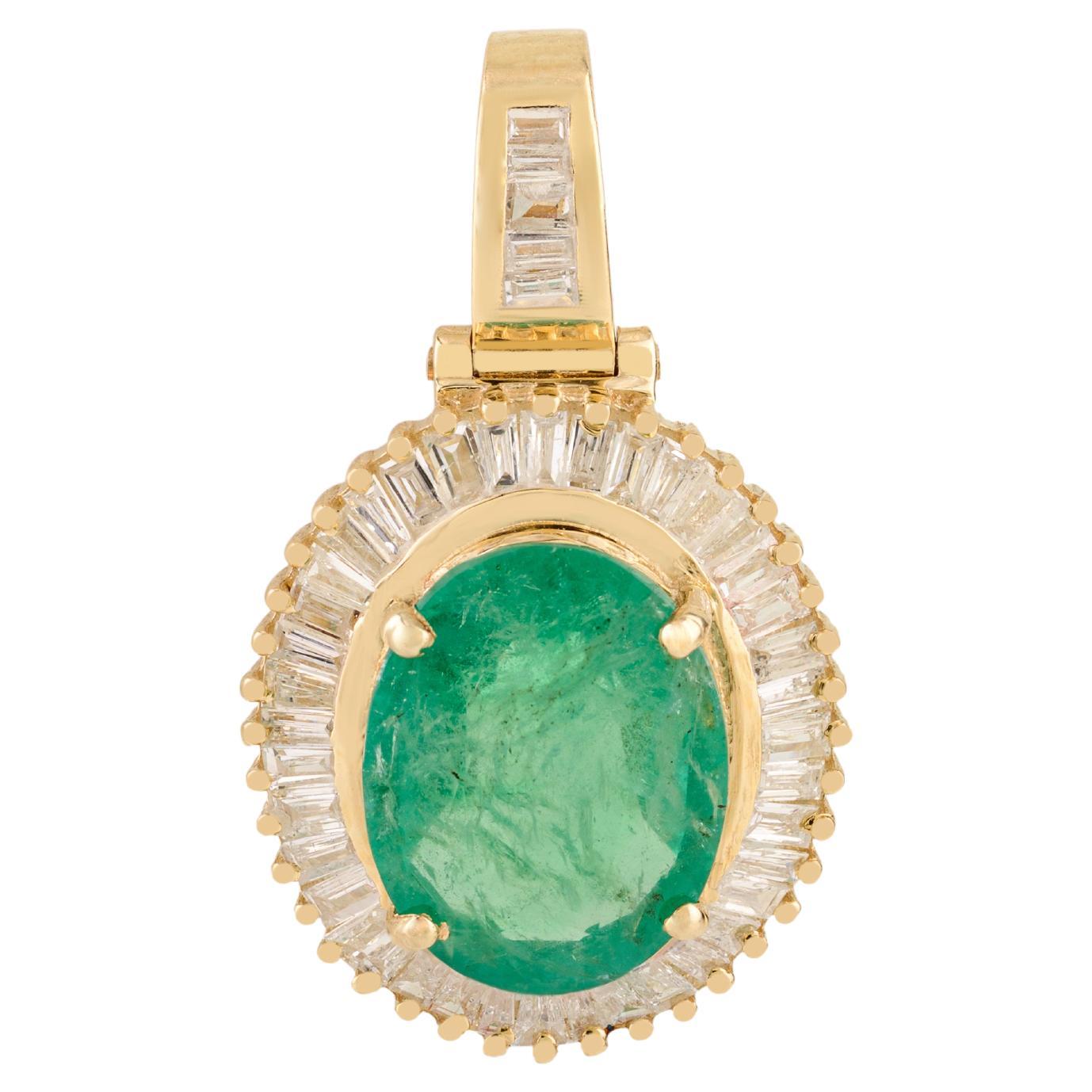 2.16 Ct Emeraude ovale et diamant baguette pendentif halo en or 14K cadeau de Noël