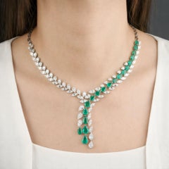 21.6 CTW Zambian Emerald Diamond 18 Karat White Gold Vine Drop Necklace