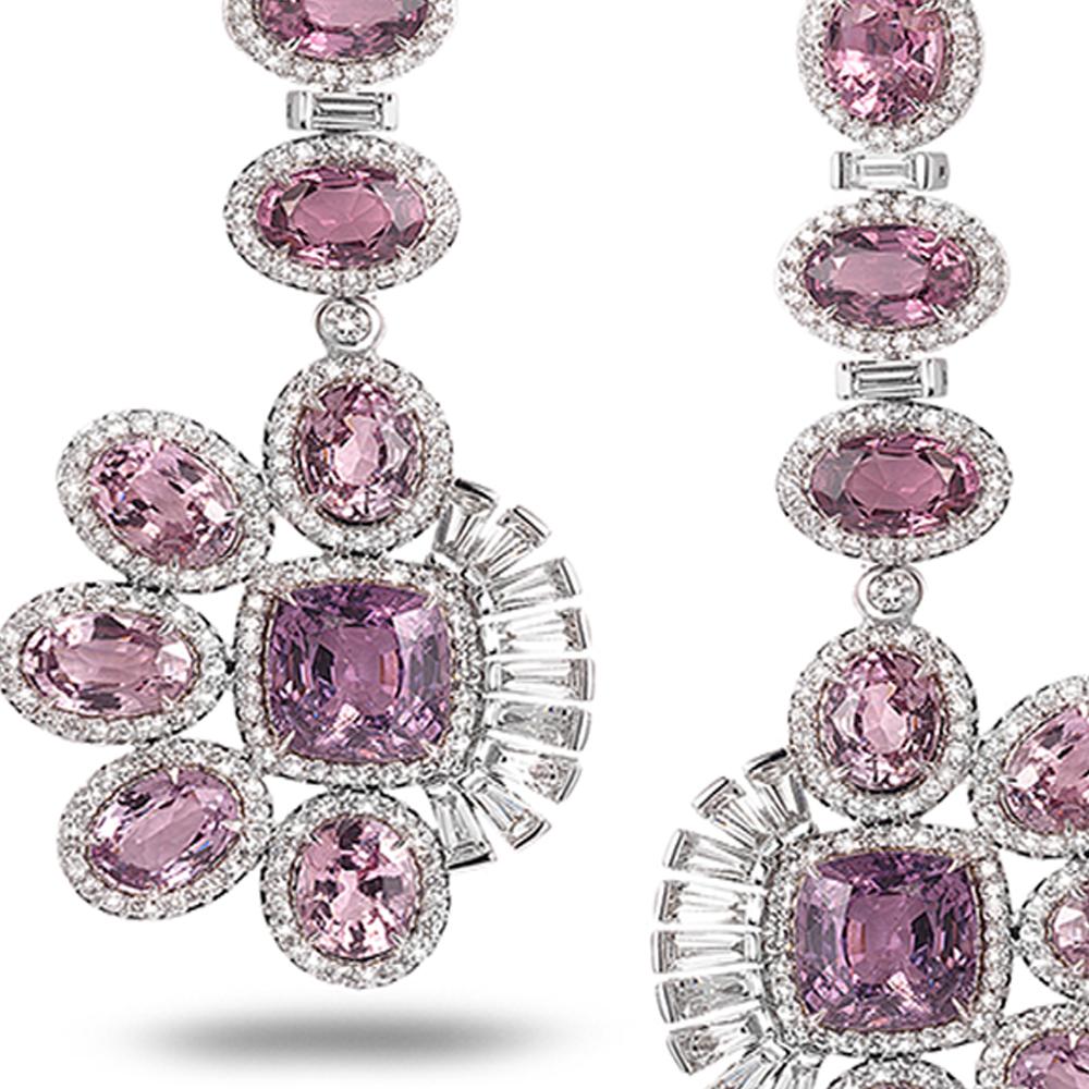Mixed Cut 21.60 Carat Pink Spinel and Diamonds Drop Earrings in 18K White Gold