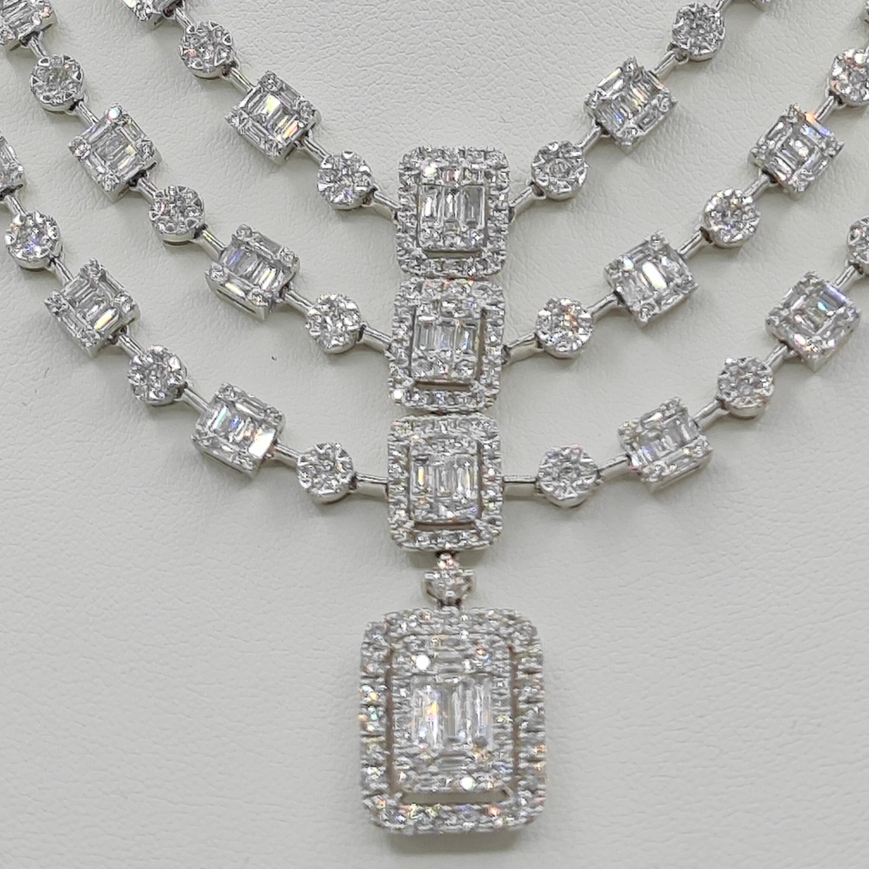 1199 Round and Baguette White  Diamonds: 21.62 Carats
Metal: 18K White Gold, 64.52 Grams
