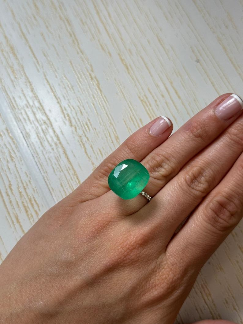 21.62 Carat Earthy Green Colombian Emerald - 19x17 Cushion Cut May Birthstone For Sale 3