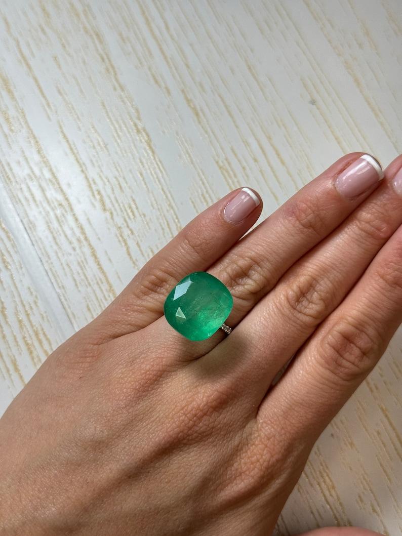 21.62 Carat Earthy Green Colombian Emerald - 19x17 Cushion Cut May Birthstone For Sale 2