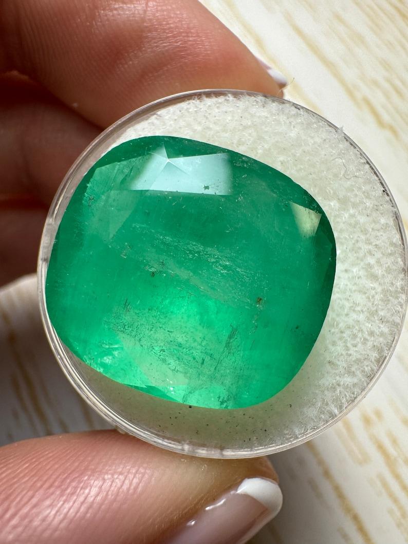 Women's 21.62 Carat Earthy Green Colombian Emerald - 19x17 Cushion Cut May Birthstone For Sale