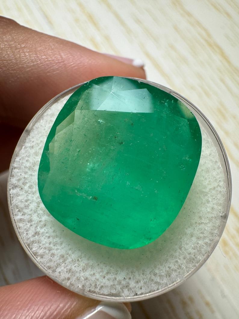 21.62 Carat Earthy Green Colombian Emerald - 19x17 Cushion Cut May Birthstone In New Condition For Sale In Jupiter, FL