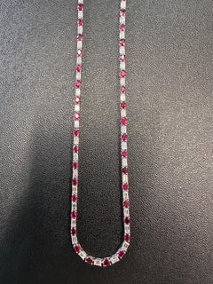 21.62 Carat Oval Ruby and Emerald-Cut Diamond Tennis Necklace in 14K White Gold