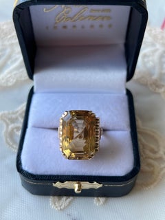 21.63 Carat Emerald Cut Citrine 14k Yellow Gold Retro Cocktail Ring 1940s