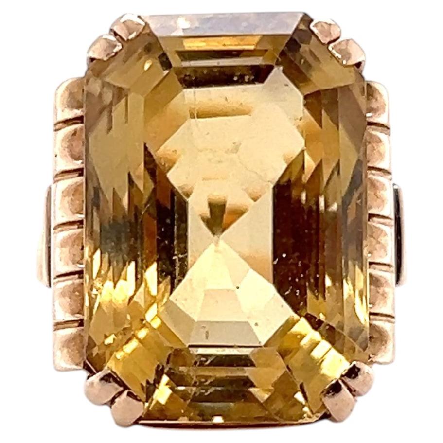 21.63 Carat Emerald Cut Citrine 14k Yellow Gold Retro Cocktail Ring 1940s