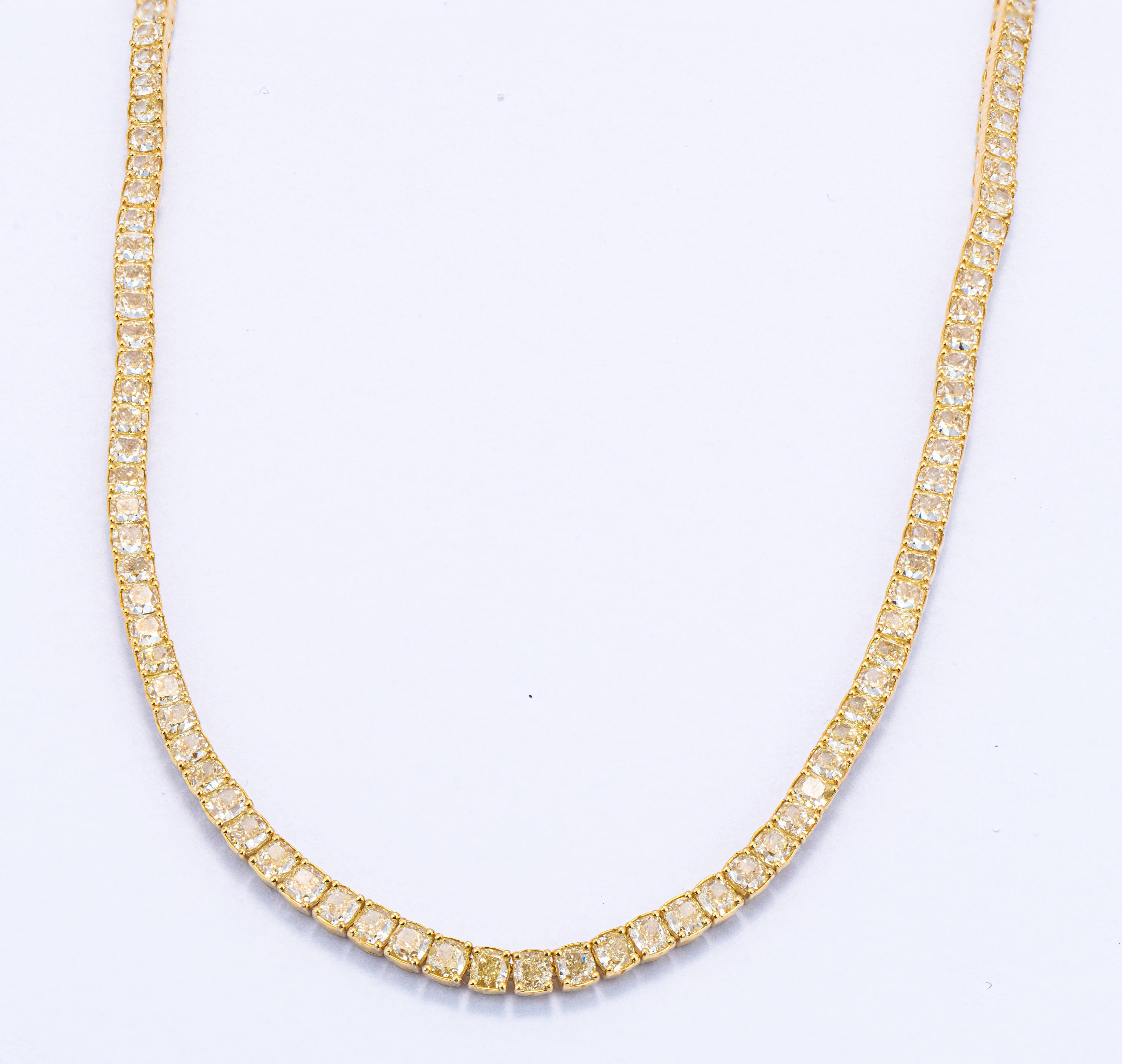 Cushion Cut 21.63ct YELLOW DIAMOND TENNIS NECKLACE 18KT