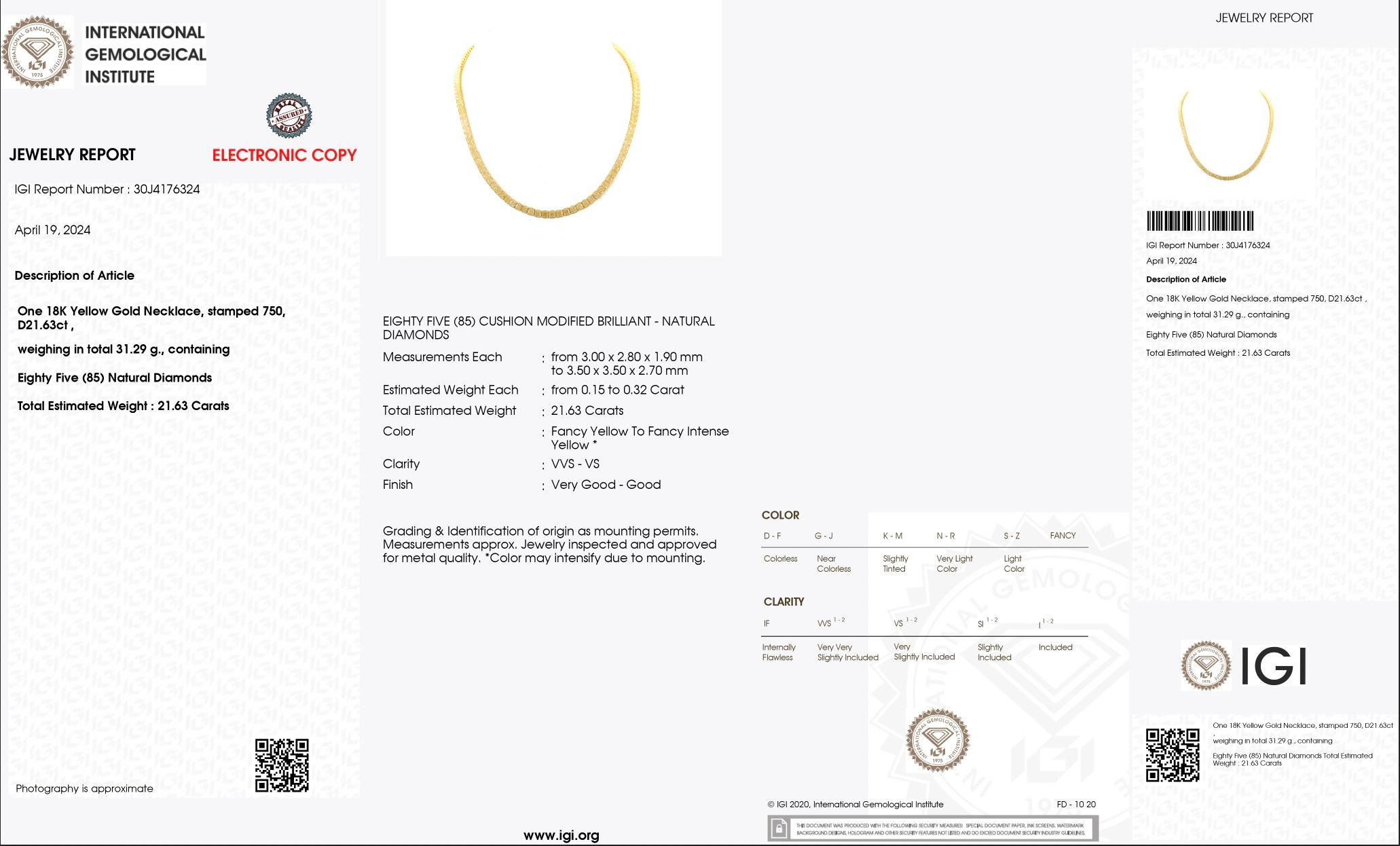 21.63ct YELLOW DIAMOND TENNIS NECKLACE 18KT In New Condition In Miami, FL