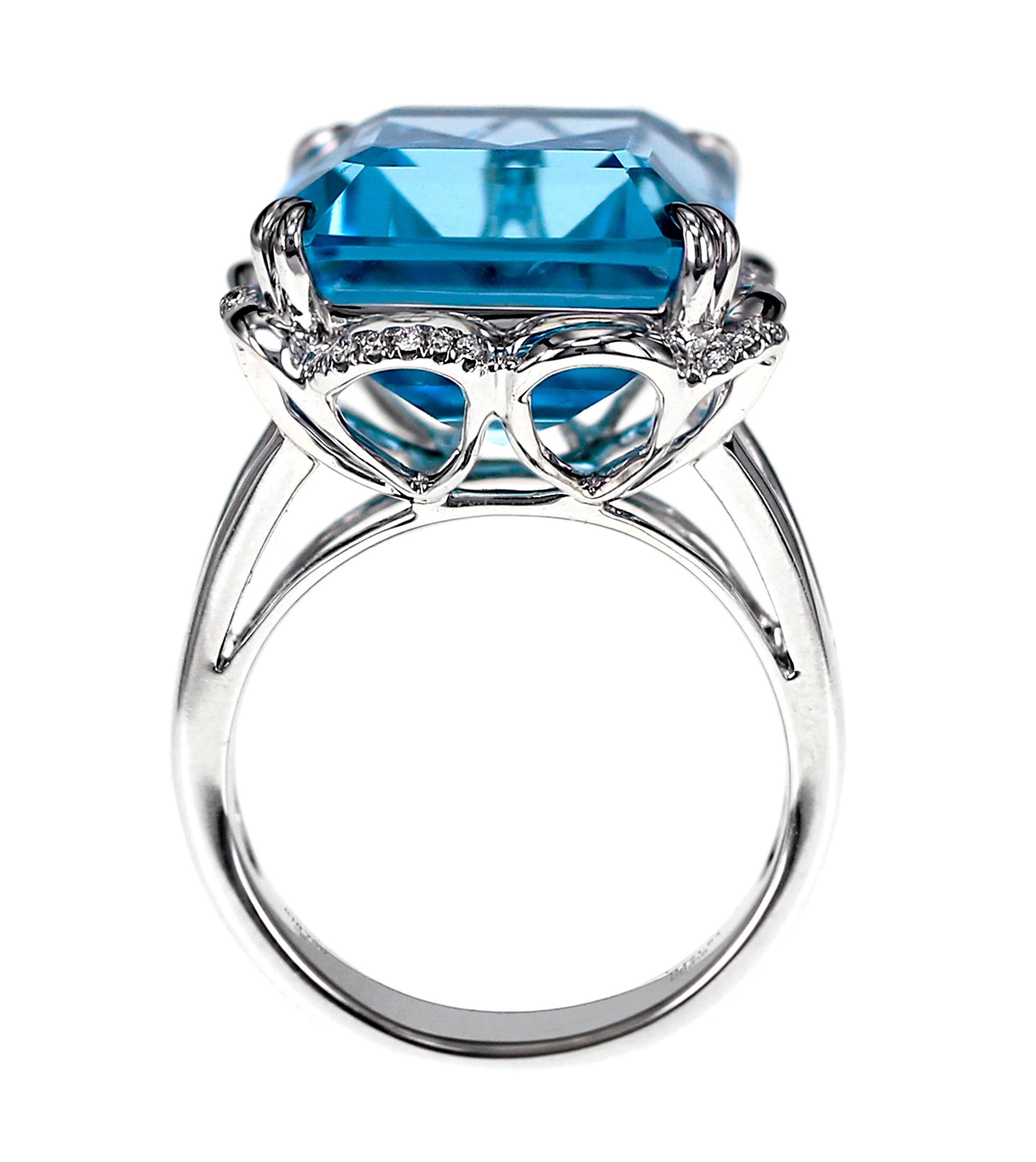 Emerald Cut 21.64 Carat London Blue Topaz and Diamond Ring