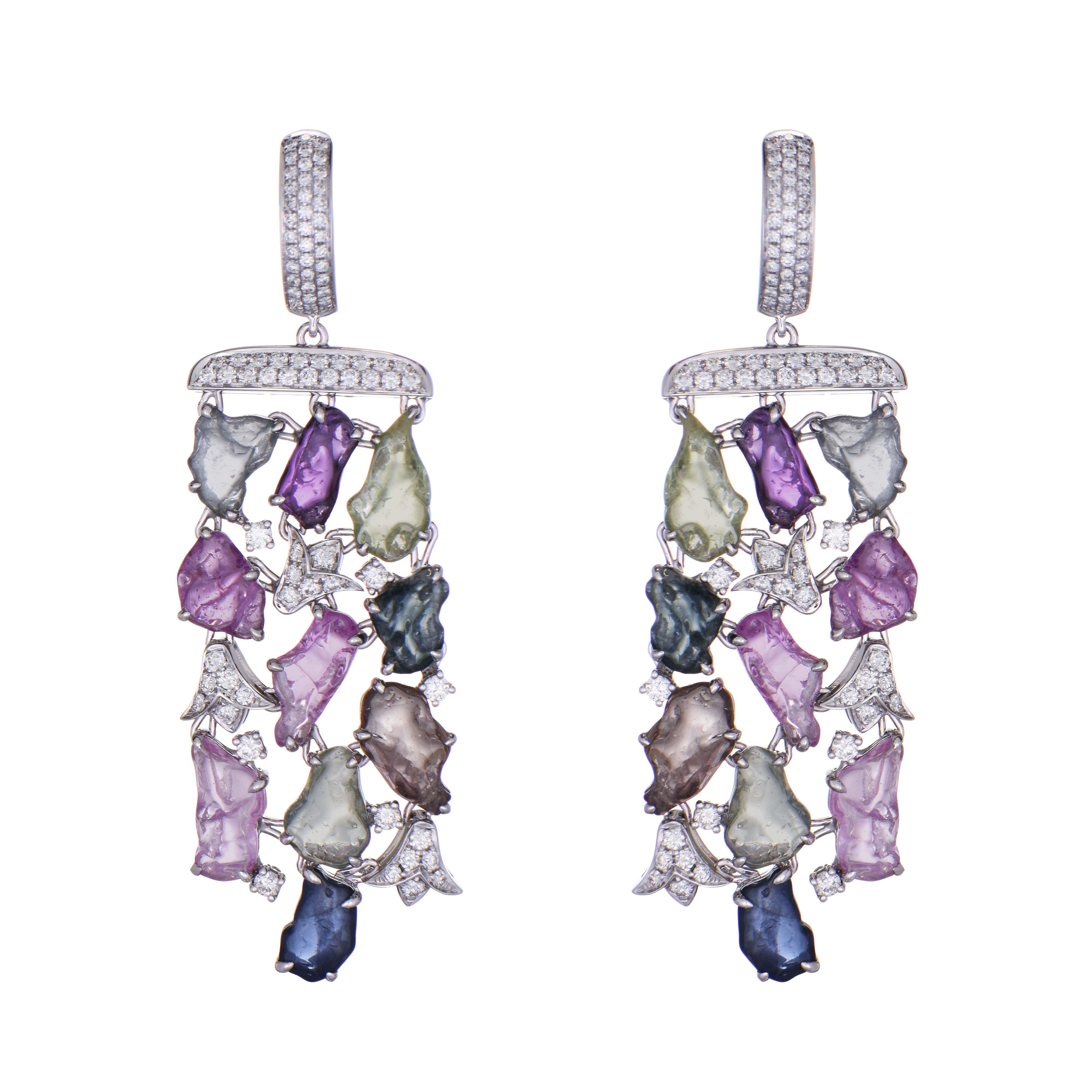 Tumbled 21.65 Carats Sapphire and White Diamond White Gold Earrings For Sale