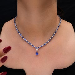 21.65 Ct Natural Emerald-Cut Sapphire & Diamond Riviera Necklace 18K White Gold
