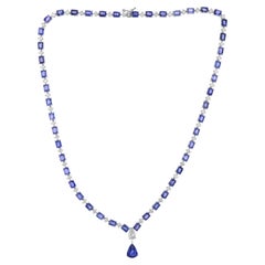 21.65 Ct Natural Emerald-Cut Sapphire & Diamond Riviera Necklace 18K White Gold