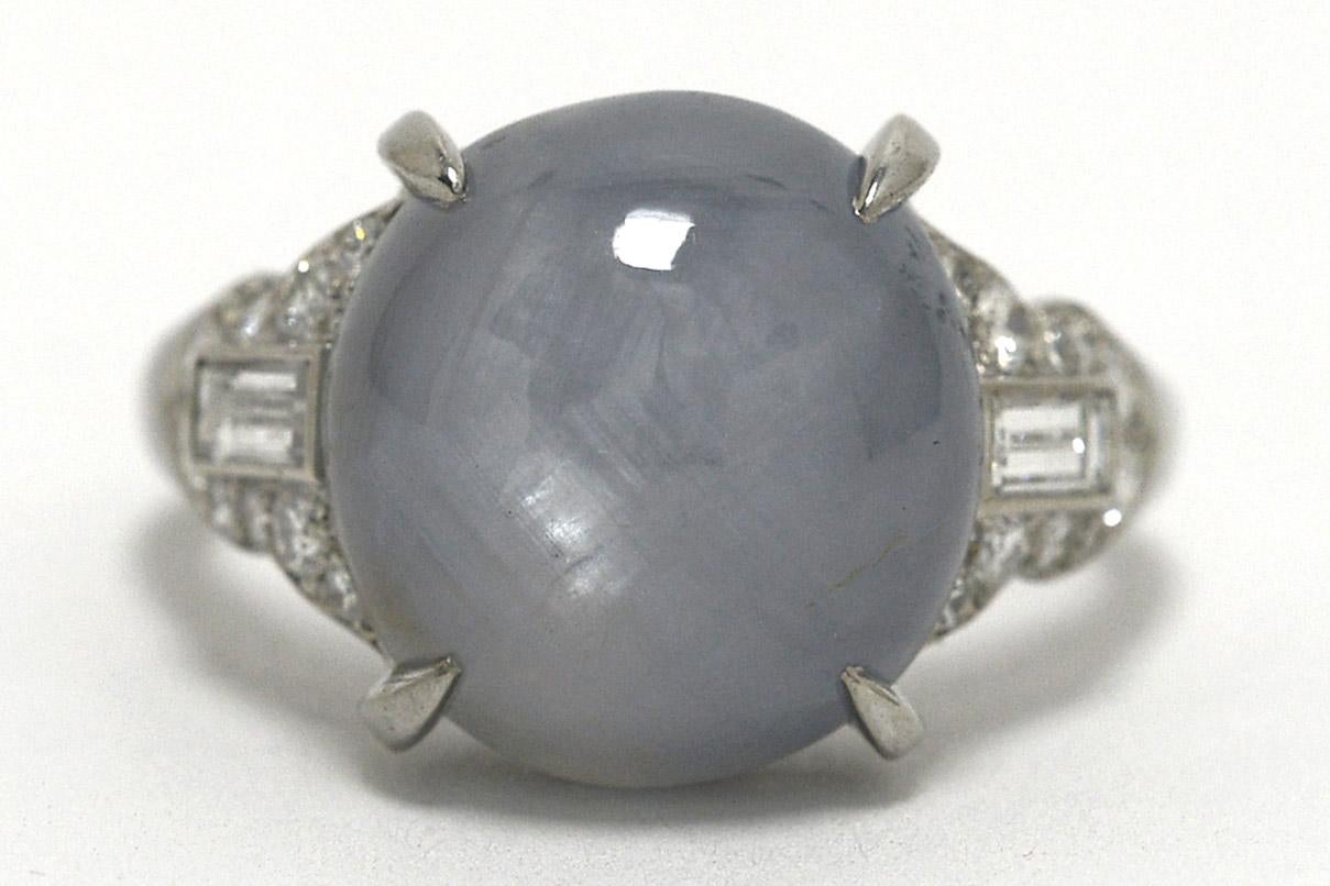 21.68 Carat Cabochon Star Sapphire Diamond Platinum Art Deco Dome Cocktail Ring 2