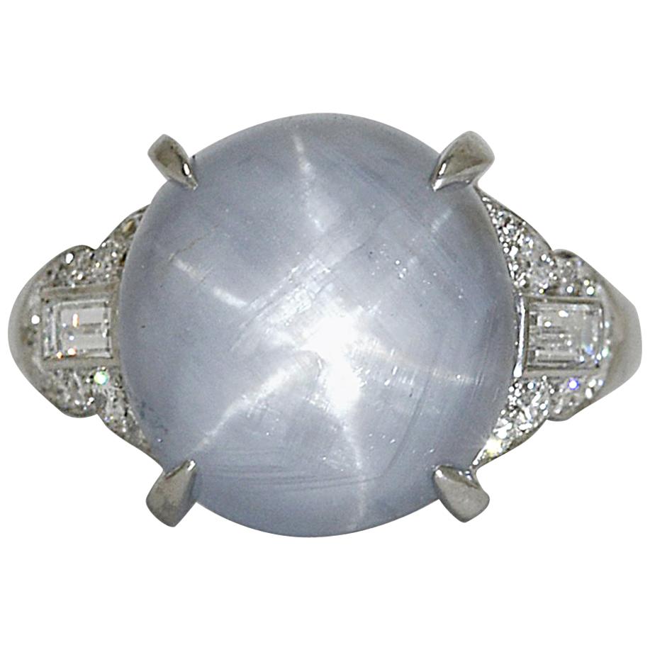21.68 Carat Cabochon Star Sapphire Diamond Platinum Art Deco Dome Cocktail Ring
