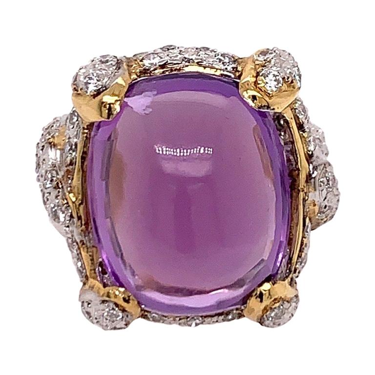 21.68 Carat Retro Gold Cocktail Ring Natural Diamond and Cab Amethyst circa 1960 For Sale
