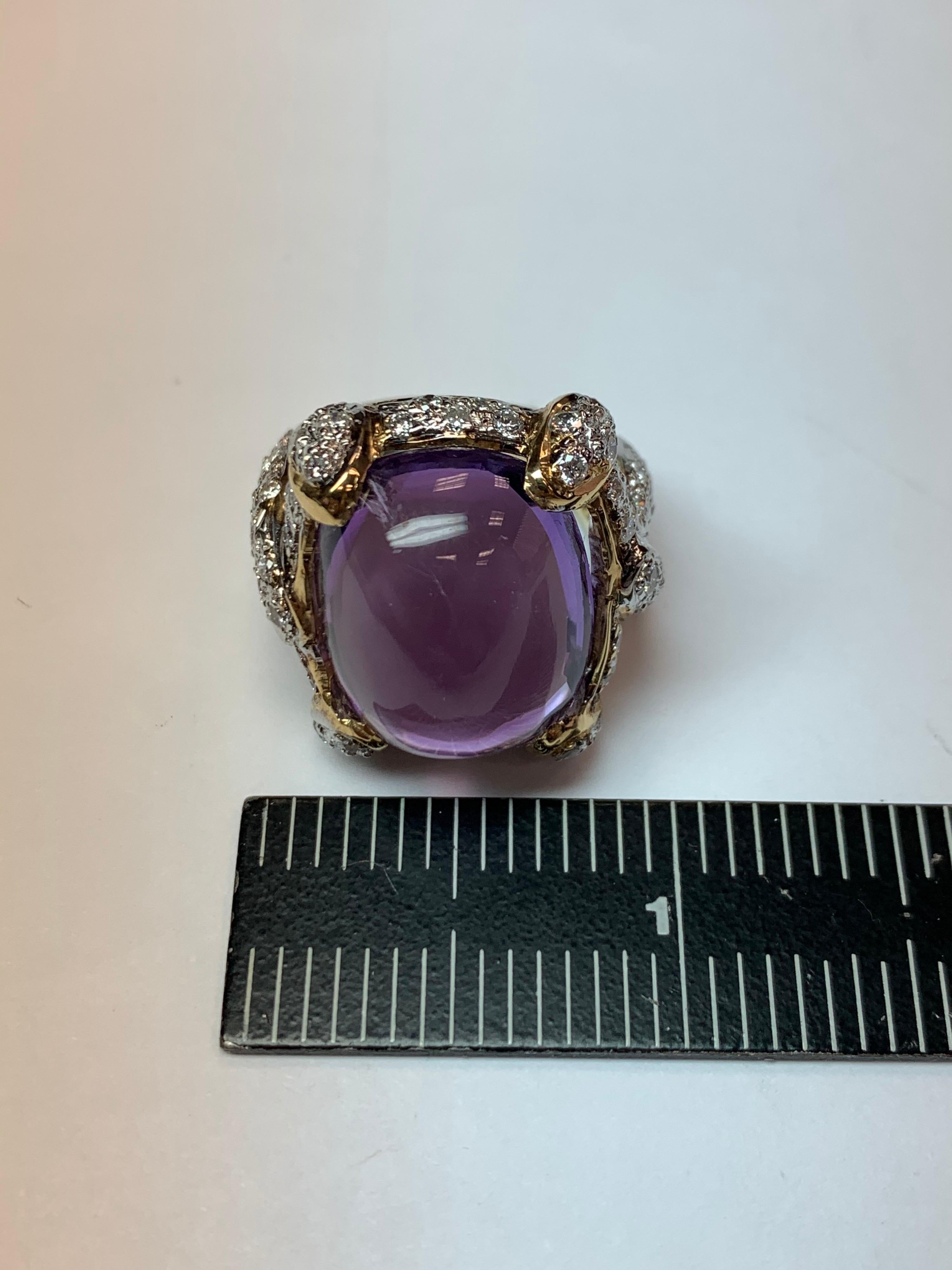 21.68 Carat Retro Gold Cocktail Ring Natural Diamond and Cab Amethyst circa 1960 For Sale 5