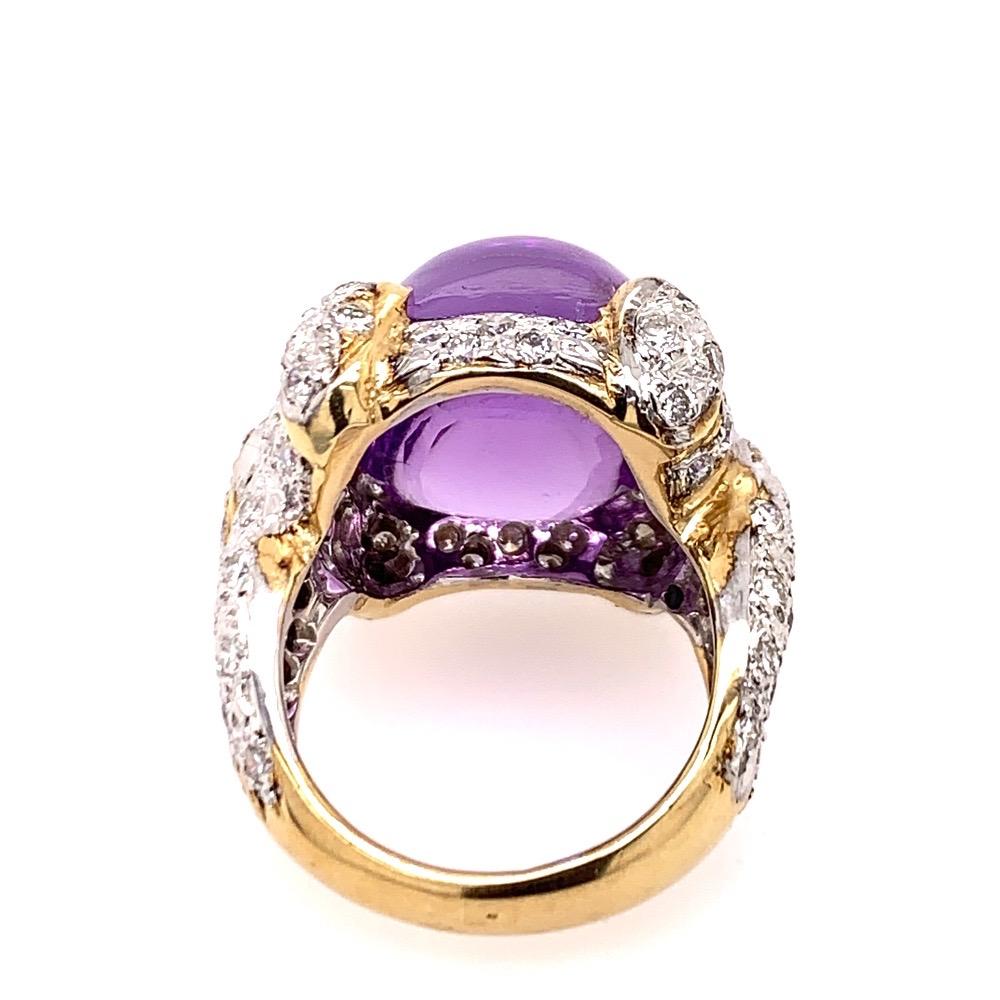 Round Cut 21.68 Carat Retro Gold Cocktail Ring Natural Diamond and Cab Amethyst circa 1960 For Sale