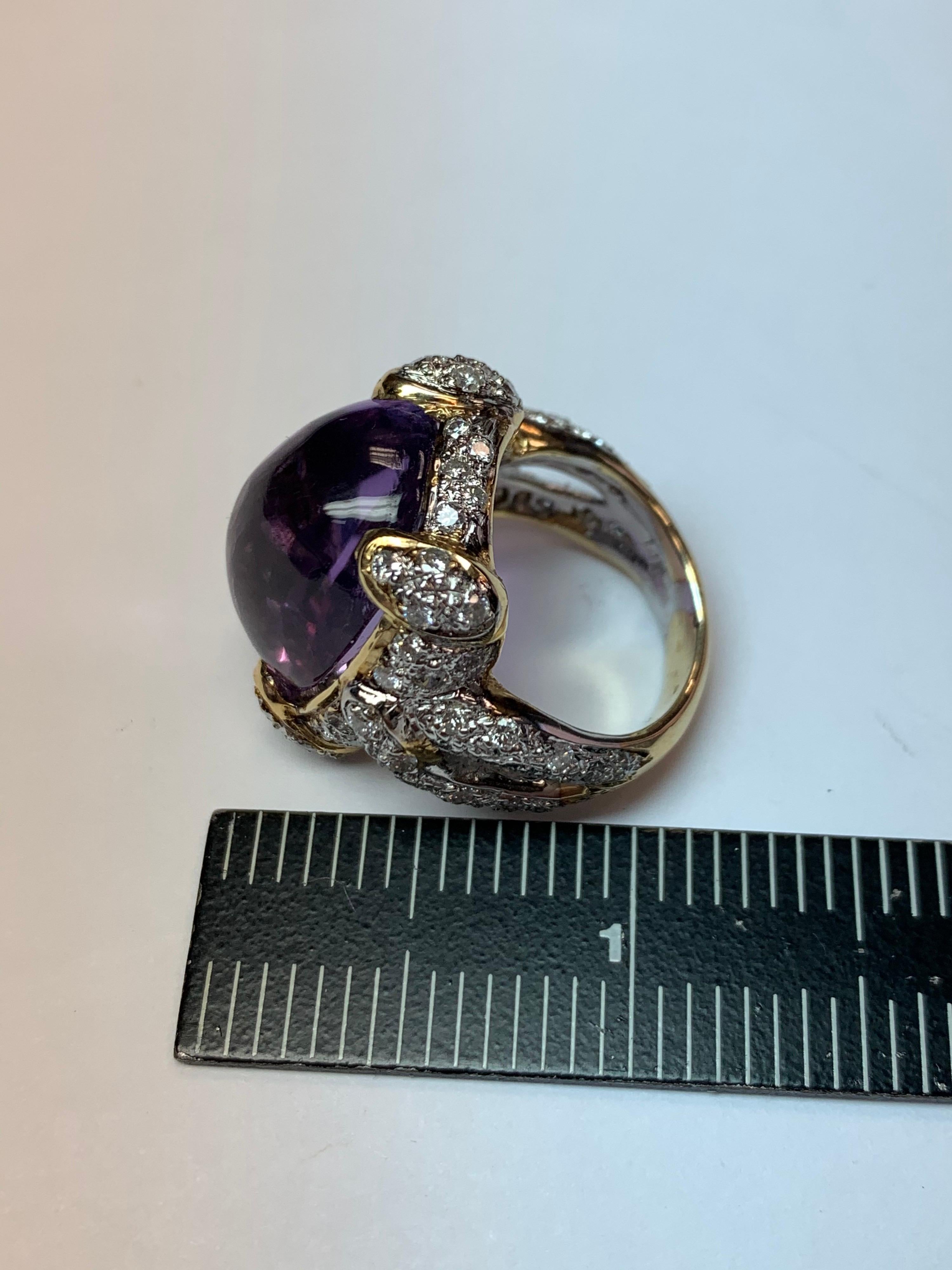 21.68 Carat Retro Gold Cocktail Ring Natural Diamond and Cab Amethyst circa 1960 For Sale 4