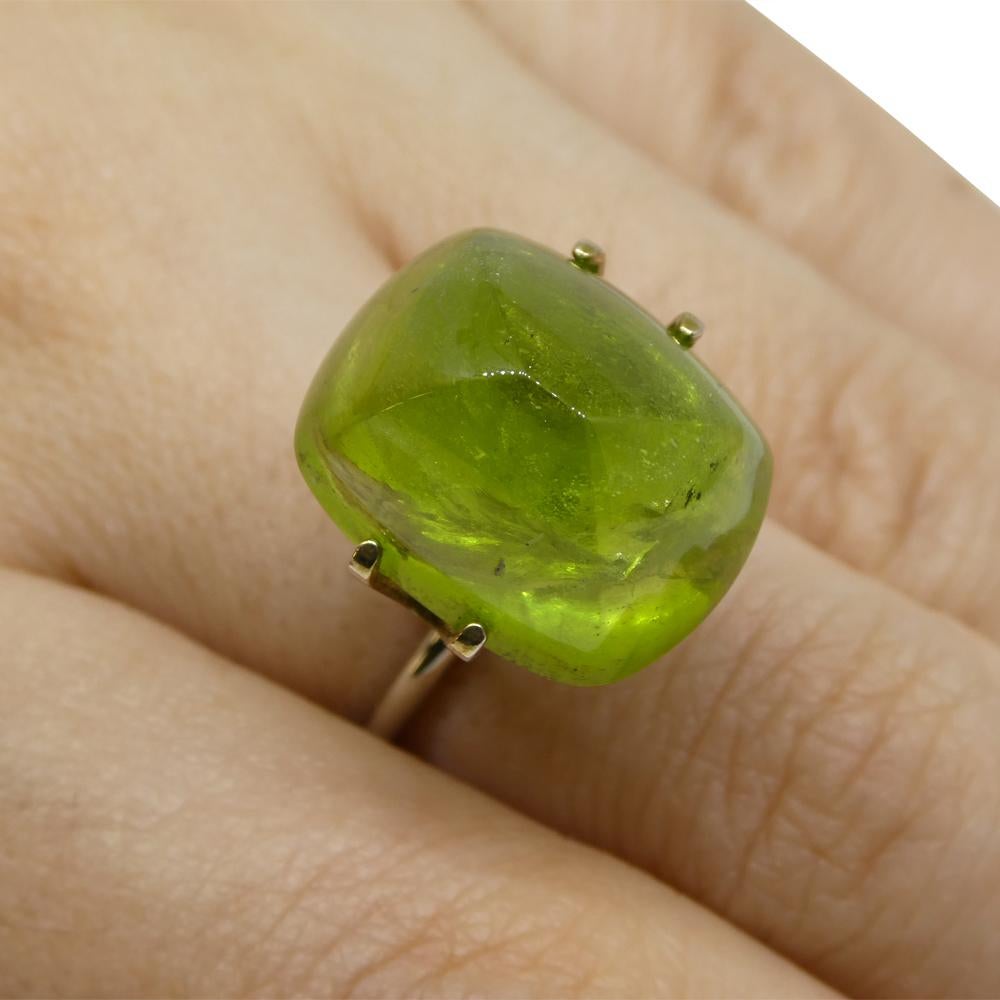 Description:

Gem Type: Peridot
Number of Stones: 1
Weight: 21.68 cts
Measurements: 17.33 x 13.96 x 11.09 mm
Shape: Cushion Sugarloaf Cabochon
Cutting Style Crown:
Cutting Style Pavilion:
Transparency: Transparent
Clarity: Moderately Included: