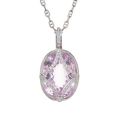 21.69 Carat Pink Oval Kunzite Diamond White Gold Pendant Necklace