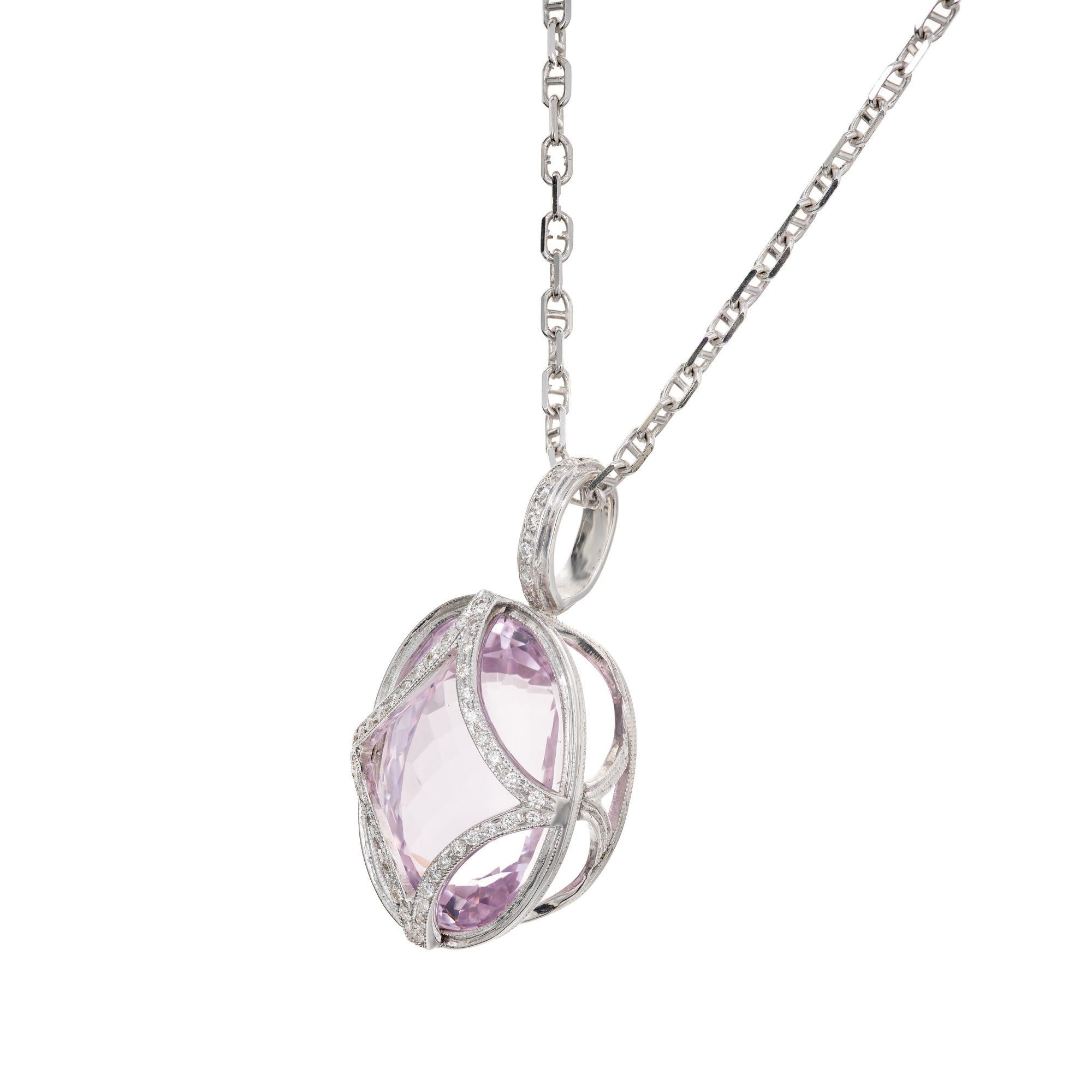 Oval Cut 21.69 Carat Pink Oval Kunzite Diamond White Gold Pendant Necklace For Sale