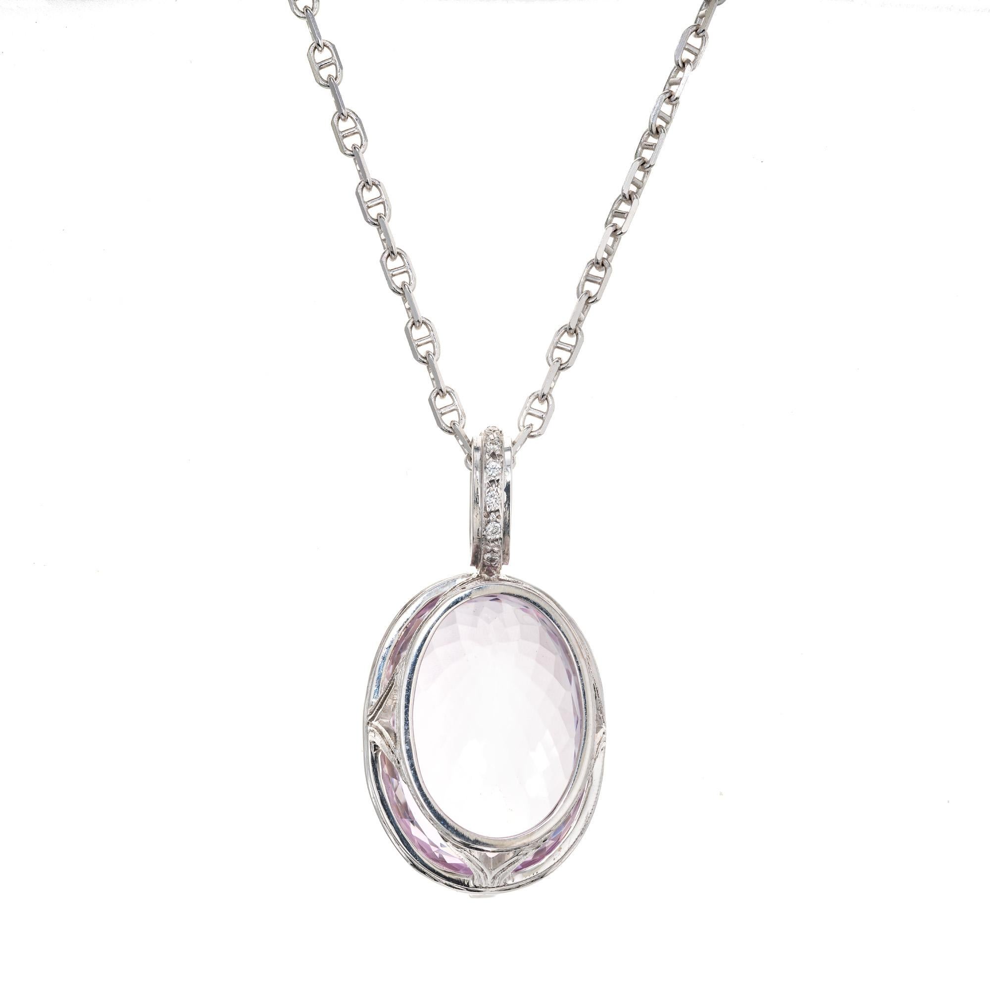 21.69 Carat Pink Oval Kunzite Diamond White Gold Pendant Necklace In Good Condition In Stamford, CT