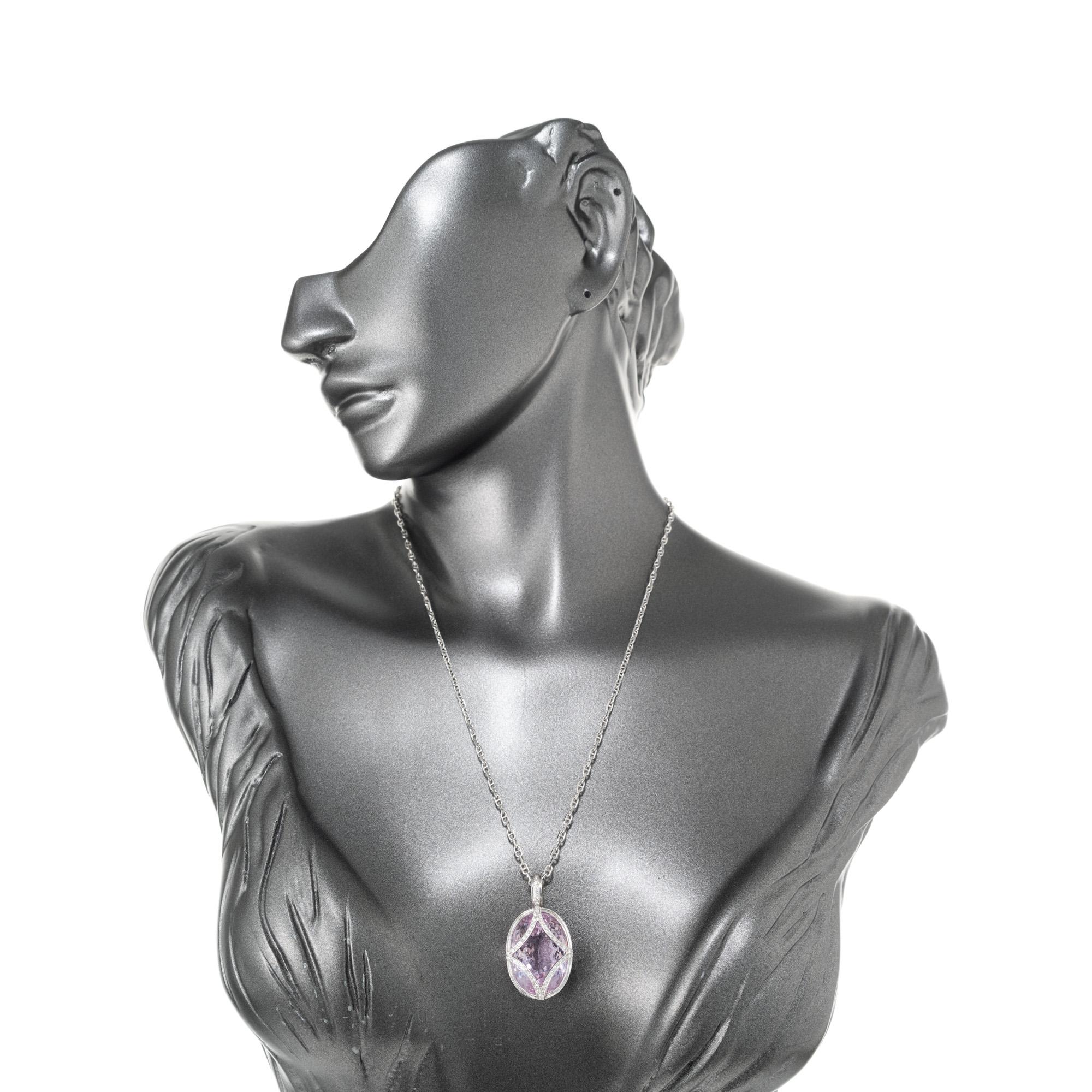 21.69 Carat Pink Oval Kunzite Diamond White Gold Pendant Necklace For Sale 2