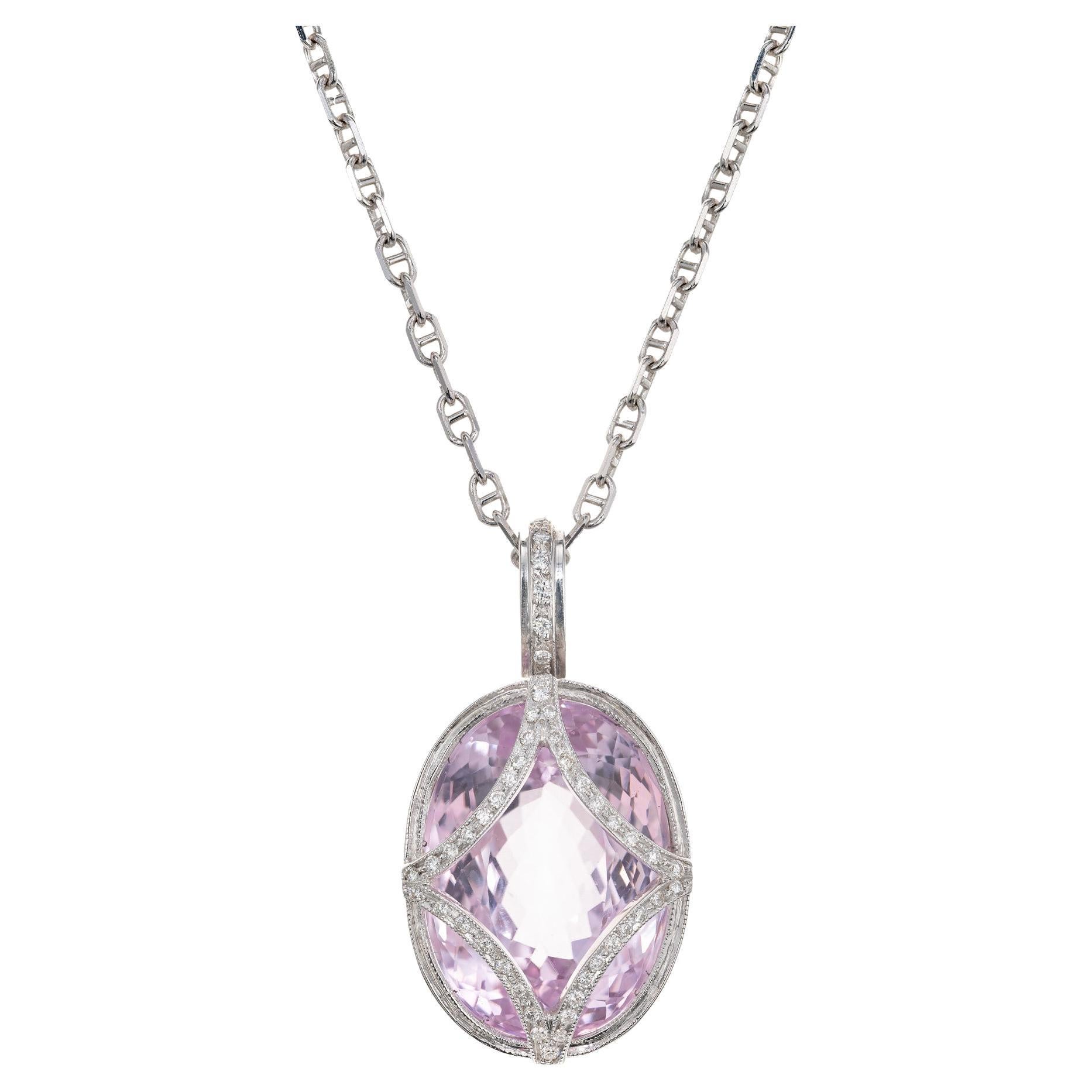 21.69 Carat Pink Oval Kunzite Diamond White Gold Pendant Necklace For Sale