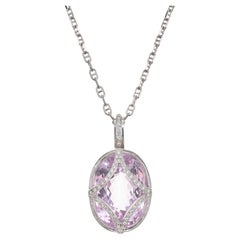 21.69 Carat Pink Oval Kunzite Diamond White Gold Pendant Necklace