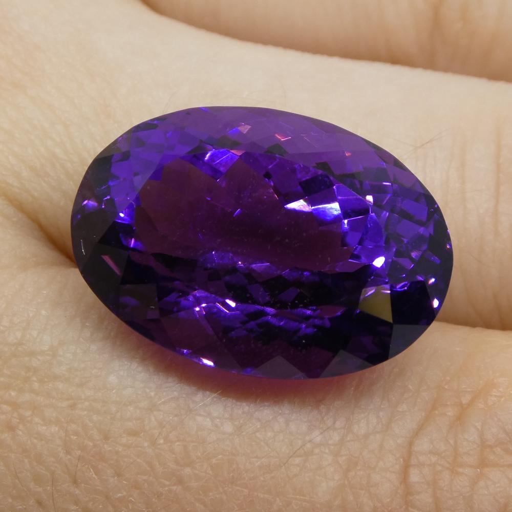Description:

Gem Type: Amethyst
Number of Stones: 1
Weight: 21.69 cts
Measurements: 20.90x14.60x12 mm
Shape: Oval
Cutting Style Crown: Modified Brilliant
Cutting Style Pavilion: Modified Brilliant
Transparency: Transparent
Clarity: Very Slightly