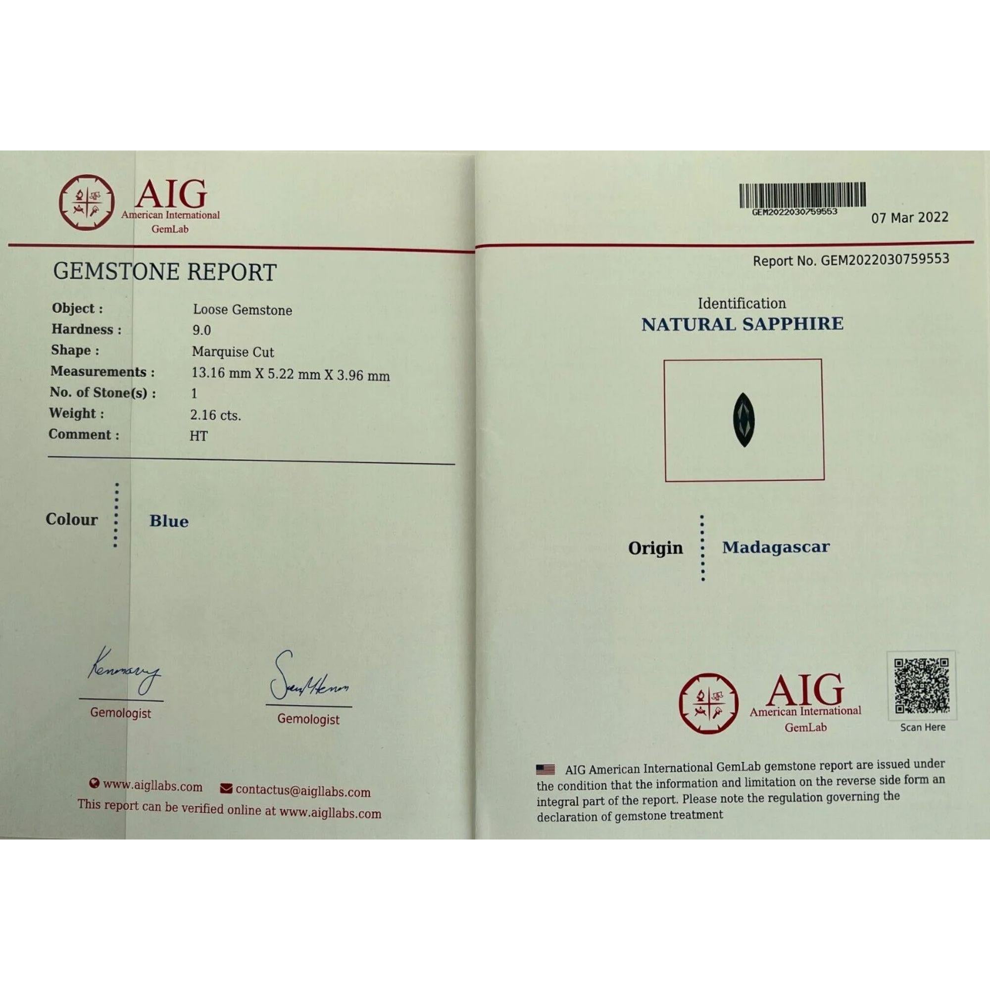 2.16 Carat AIG Certified Vivid Blue Sapphire Marquise Cut Rare Loose Gem For Sale 5