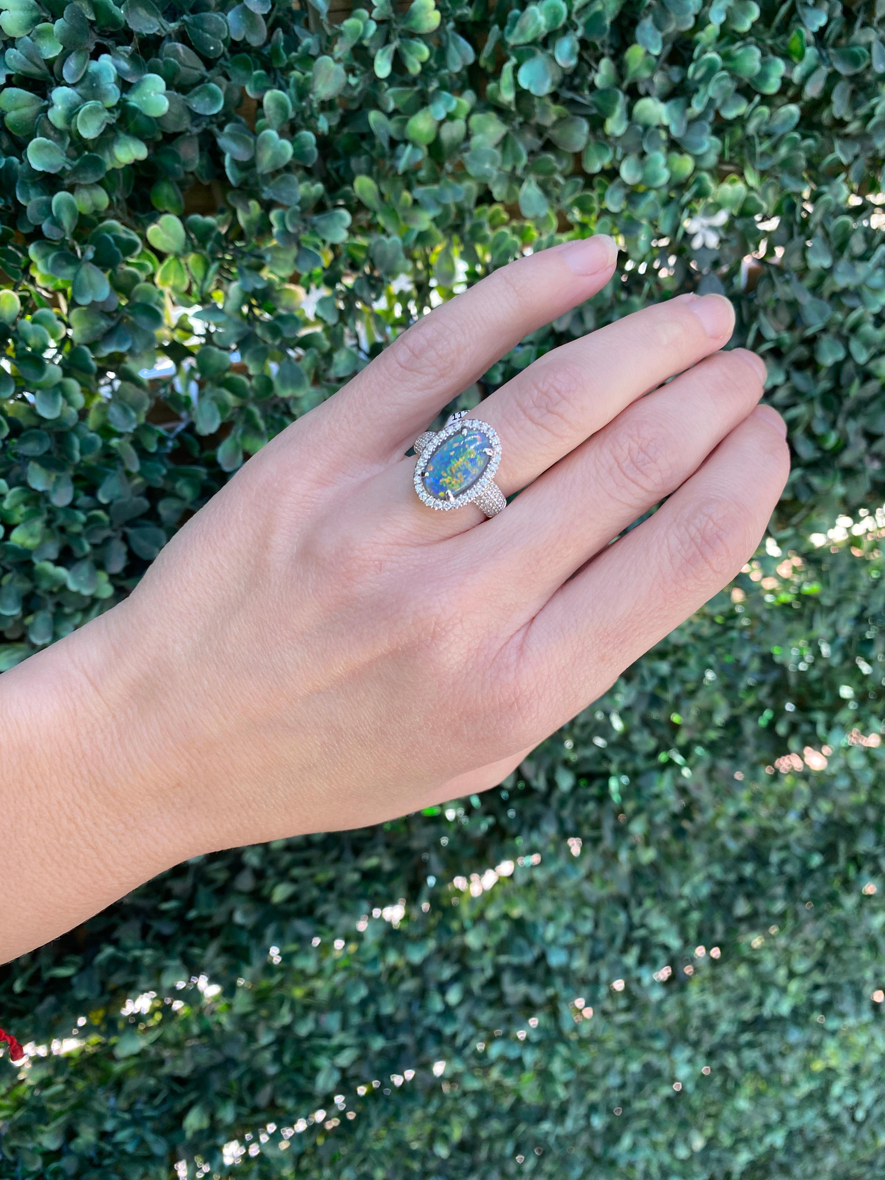 2.16ct Australian Multicolor Opal with 0.62ctw Diamond Halo Ring, 18k White Gold For Sale 5