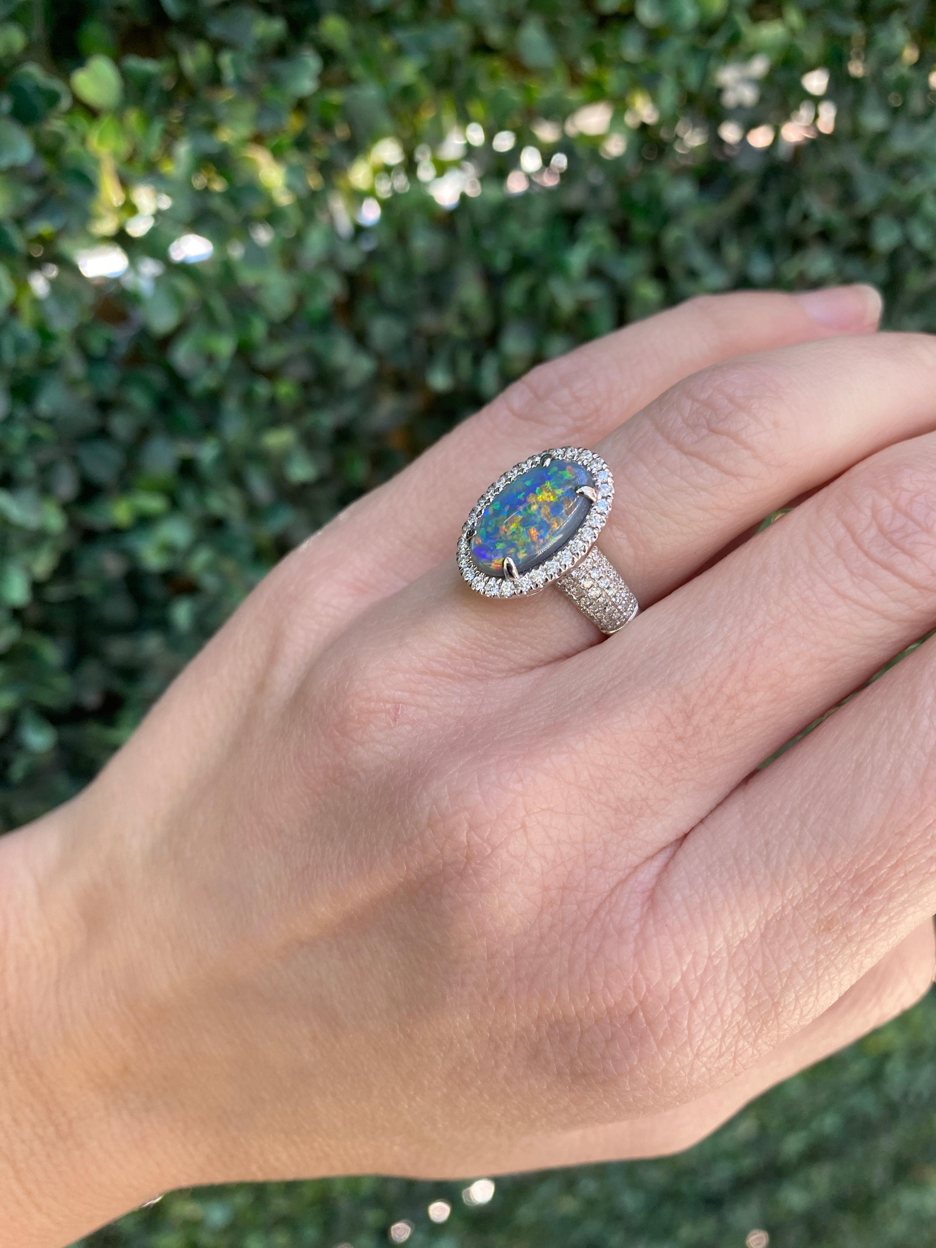 2.16ct Australian Multicolor Opal with 0.62ctw Diamond Halo Ring, 18k White Gold For Sale 6
