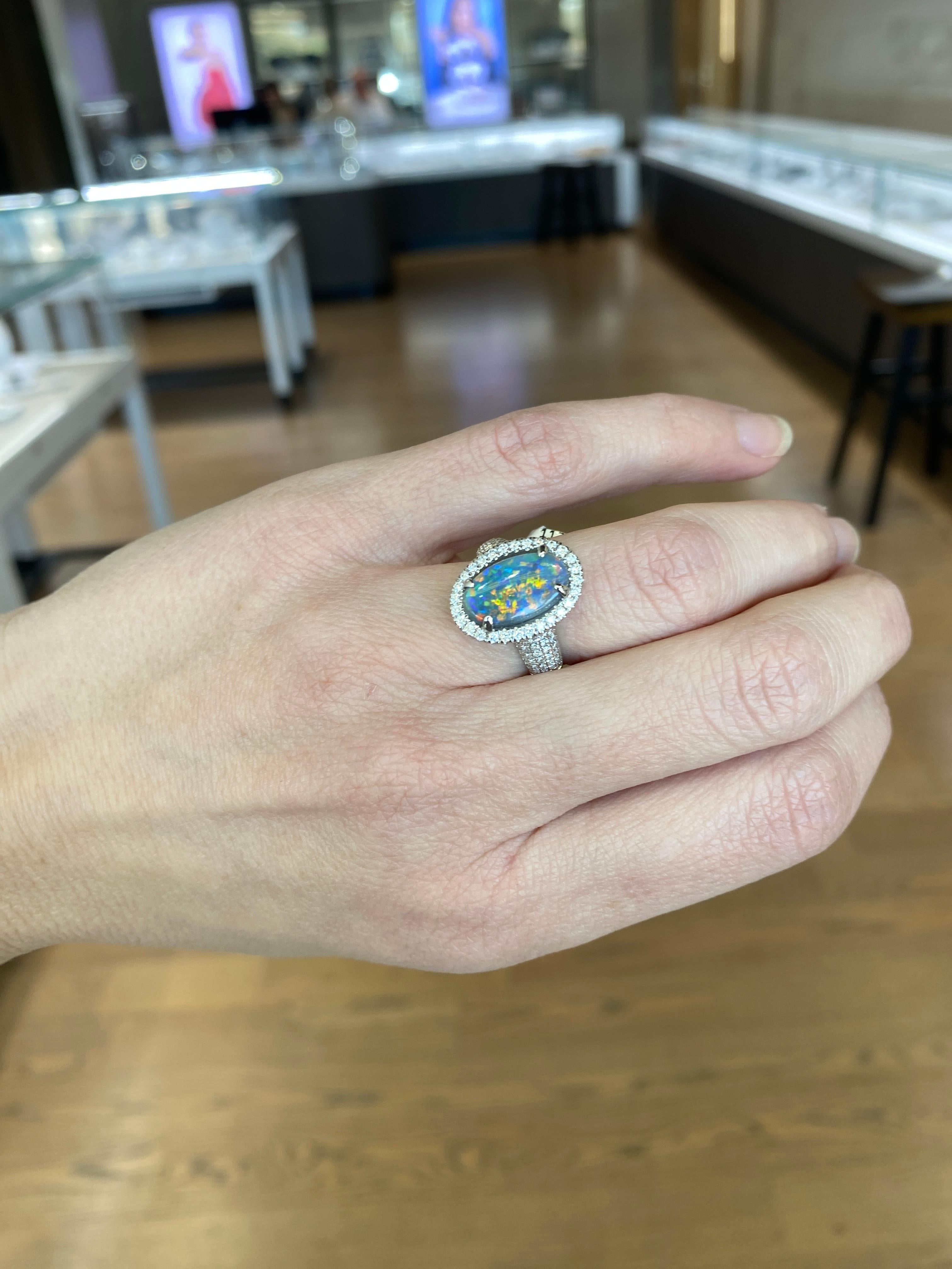2.16ct Australian Multicolor Opal with 0.62ctw Diamond Halo Ring, 18k White Gold For Sale 8