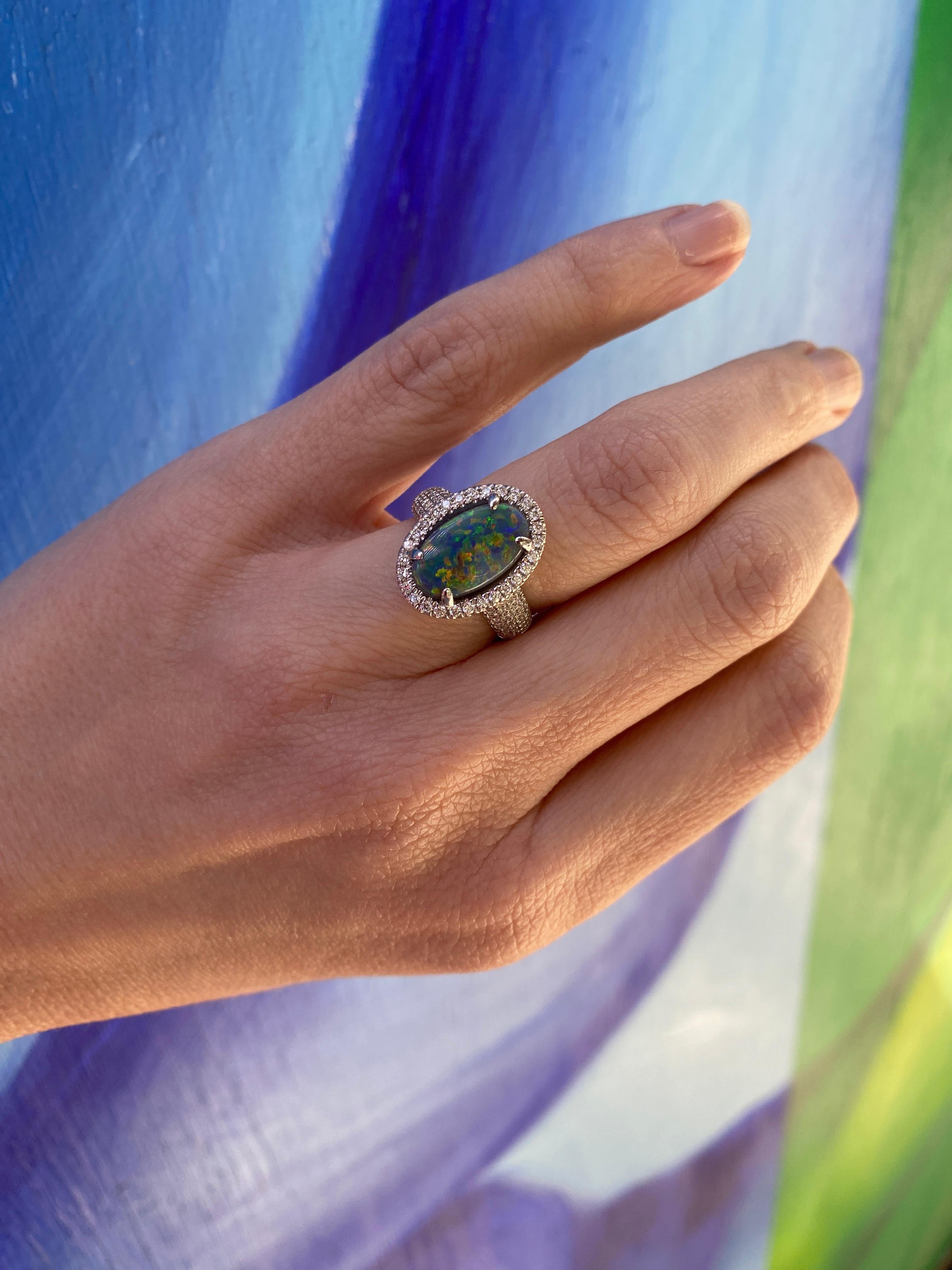 2.16ct Australian Multicolor Opal with 0.62ctw Diamond Halo Ring, 18k White Gold For Sale 10