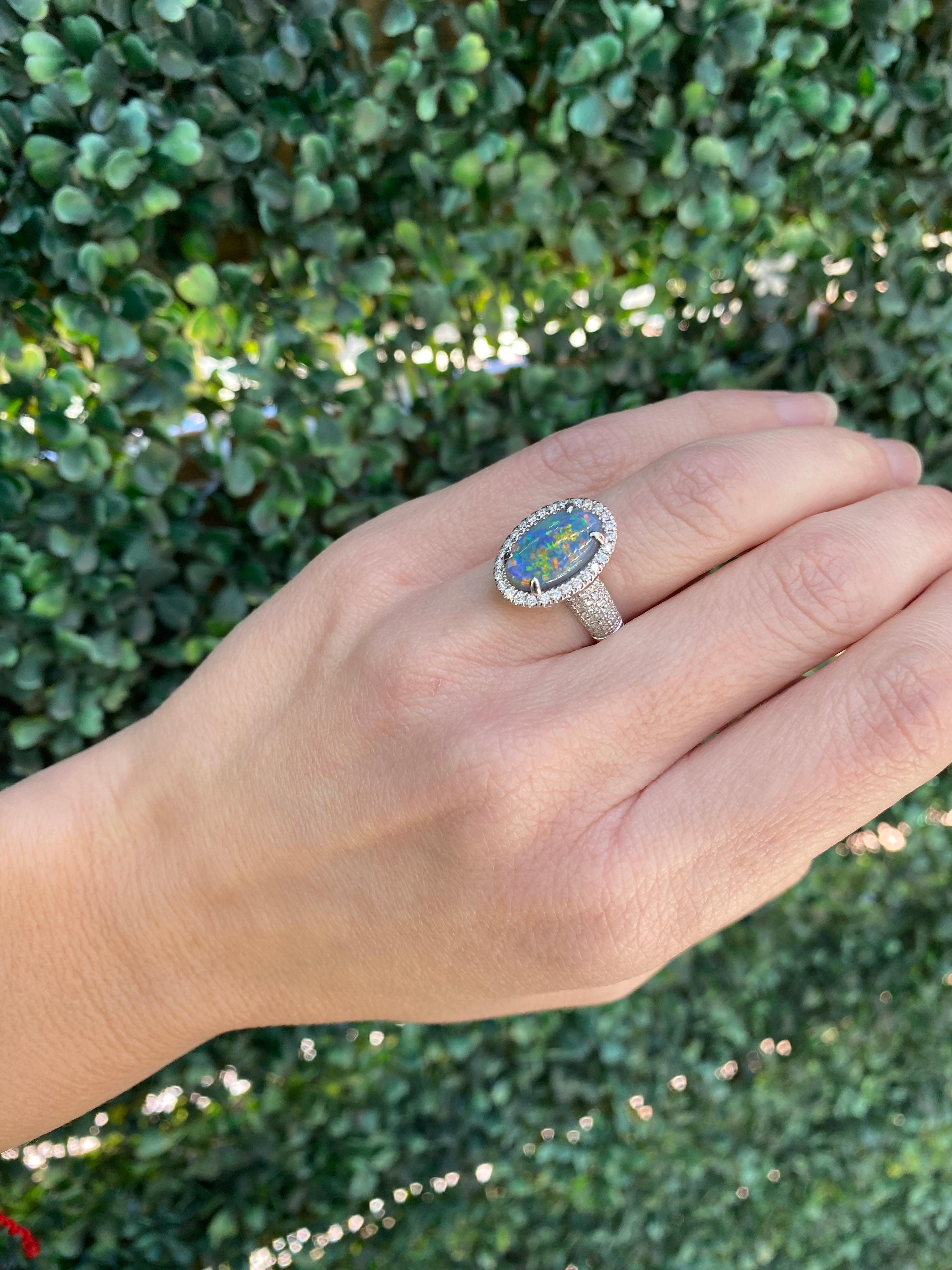 2.16ct Australian Multicolor Opal with 0.62ctw Diamond Halo Ring, 18k White Gold For Sale 11