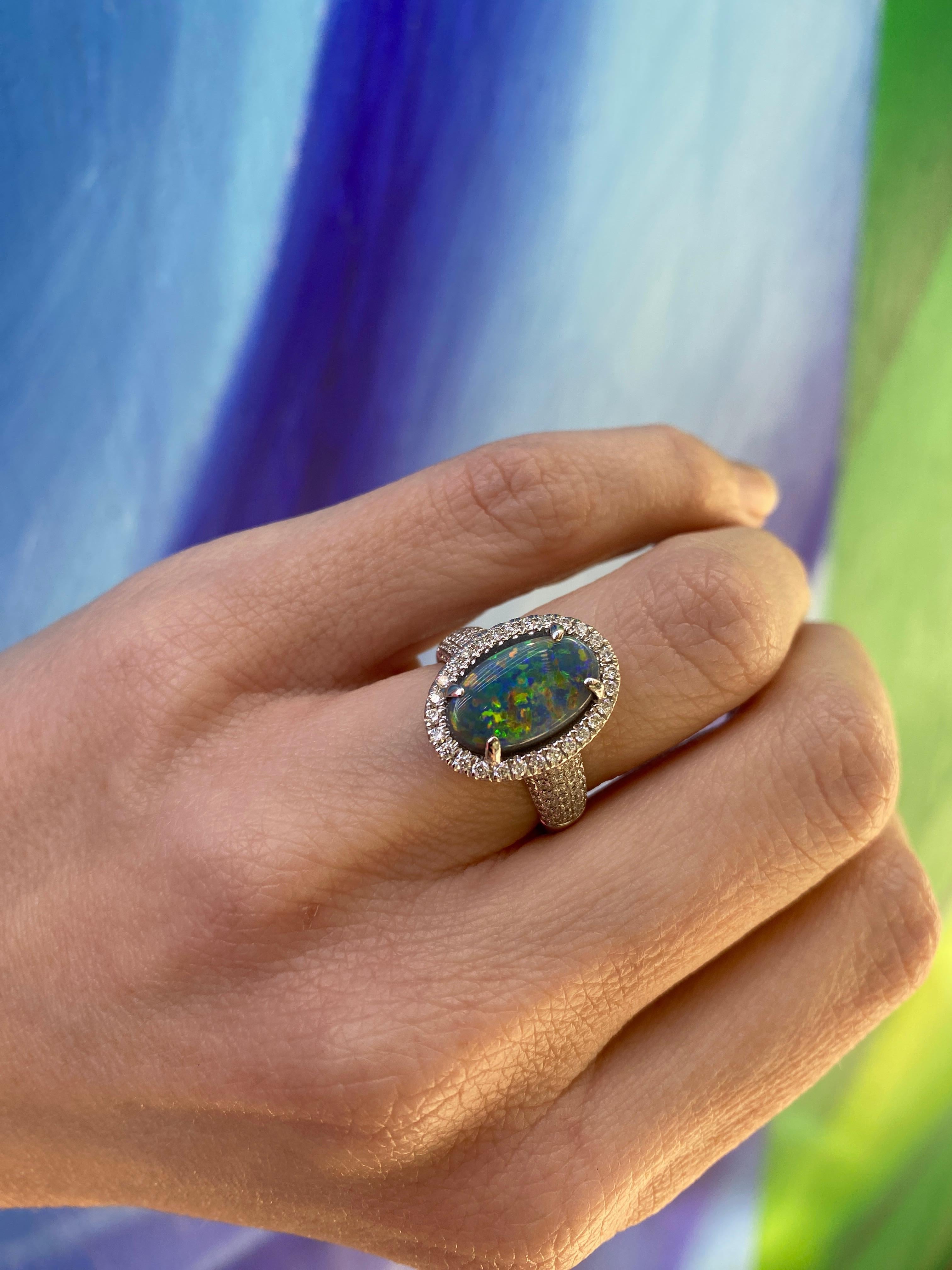 2.16ct Australian Multicolor Opal with 0.62ctw Diamond Halo Ring, 18k White Gold For Sale 13