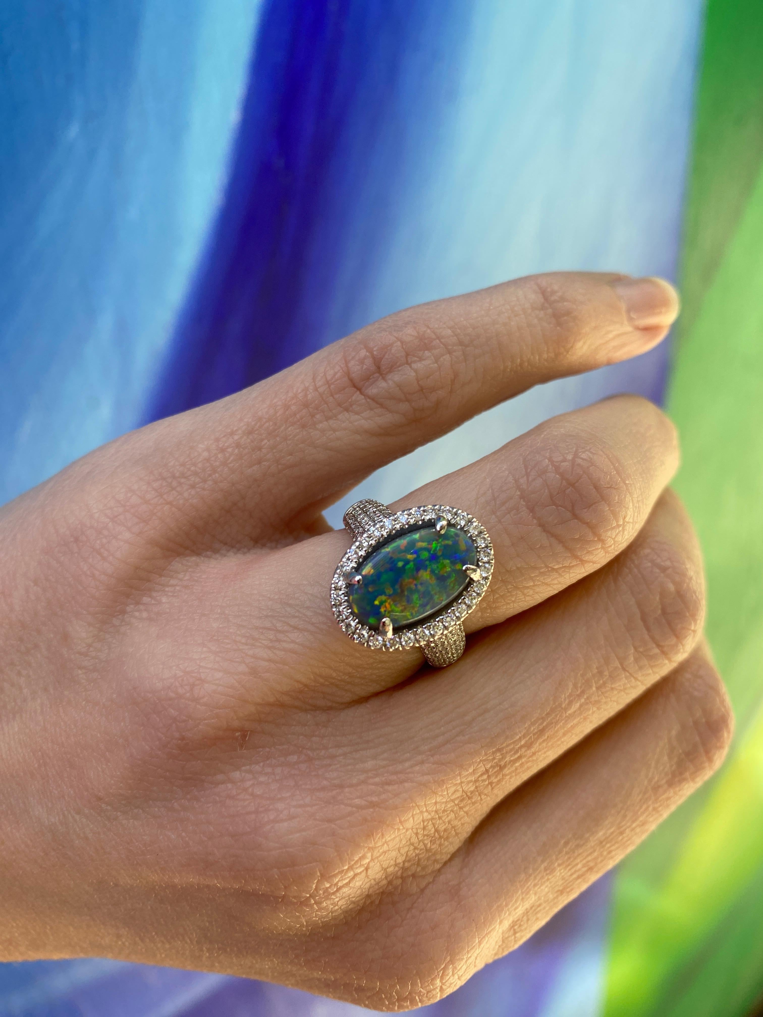 2.16ct Australian Multicolor Opal with 0.62ctw Diamond Halo Ring, 18k White Gold For Sale 14