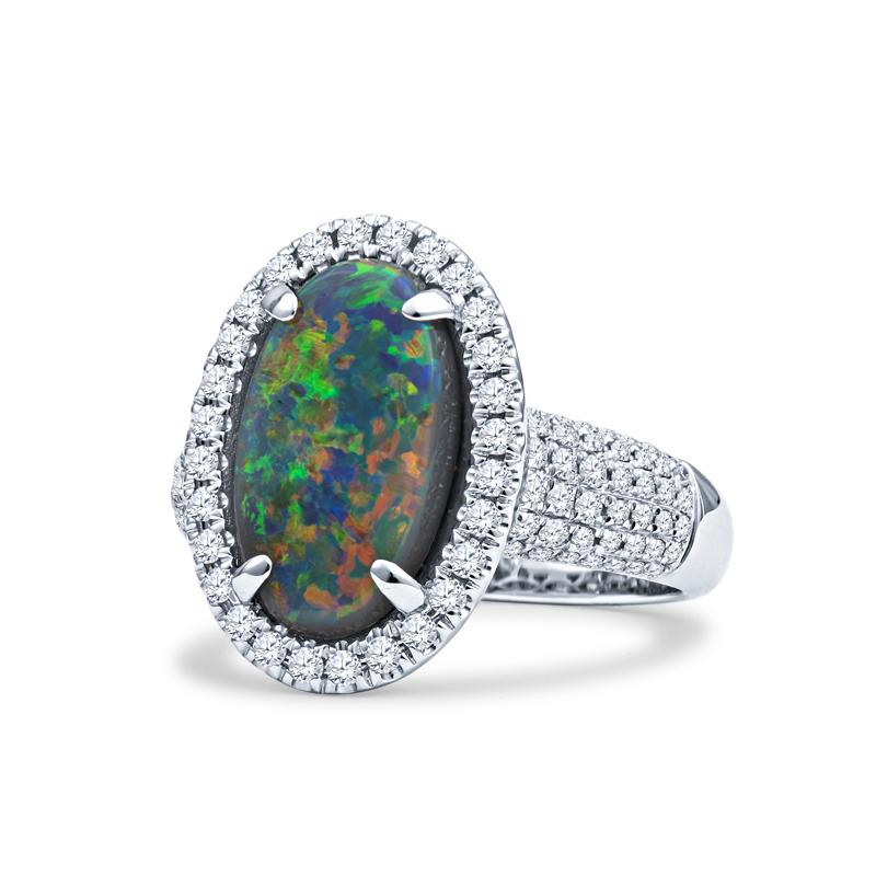 This ring features a 2.16ct multicolor Lightning Ridge Australian opal, surrounded by a diamond halo and accent diamonds going about halfway down the band with a total weight of 0.62ct, set in an 18kt white gold ring. It is currently a size 6 but