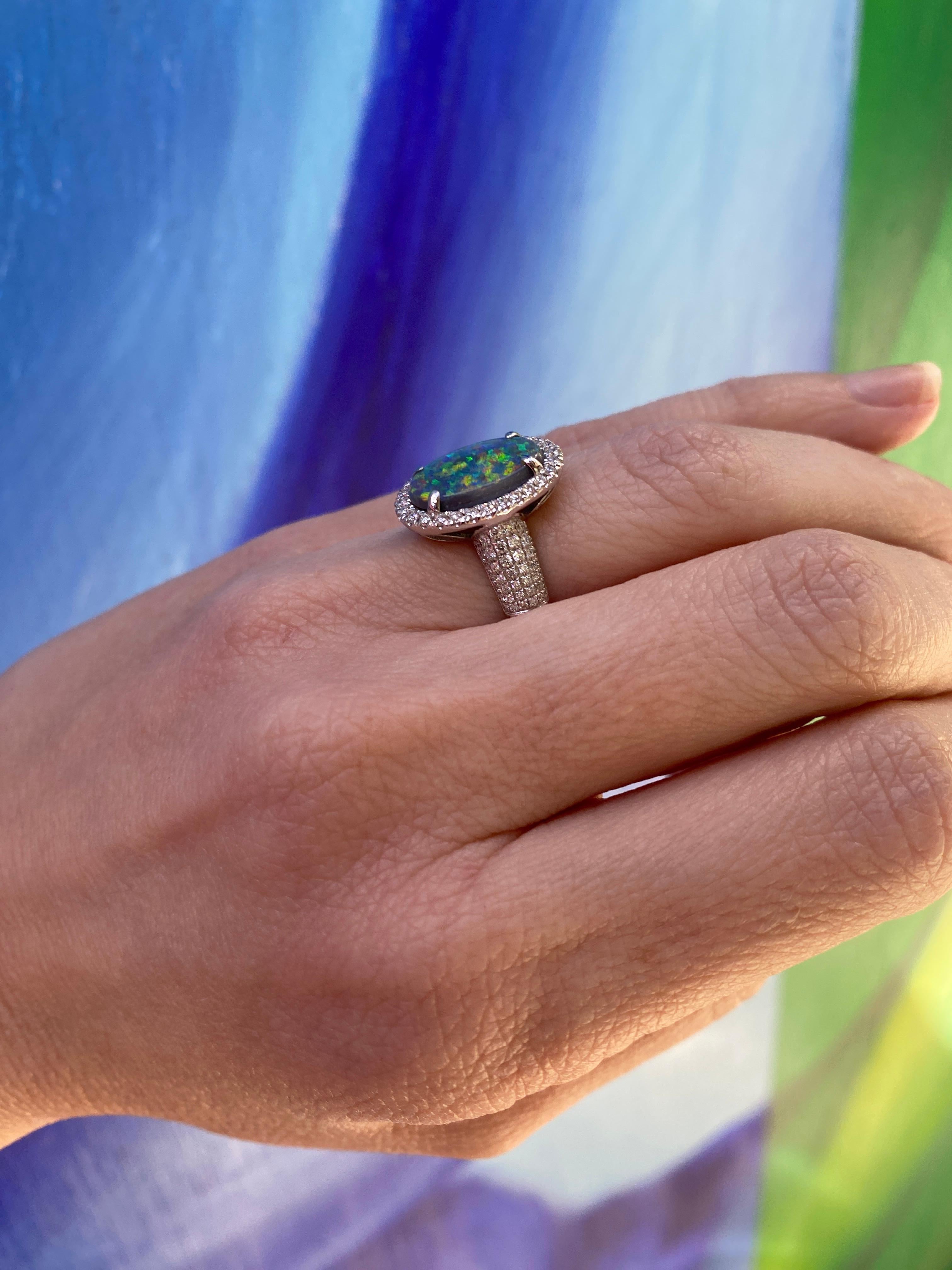 2.16ct Australian Multicolor Opal with 0.62ctw Diamond Halo Ring, 18k White Gold For Sale 15