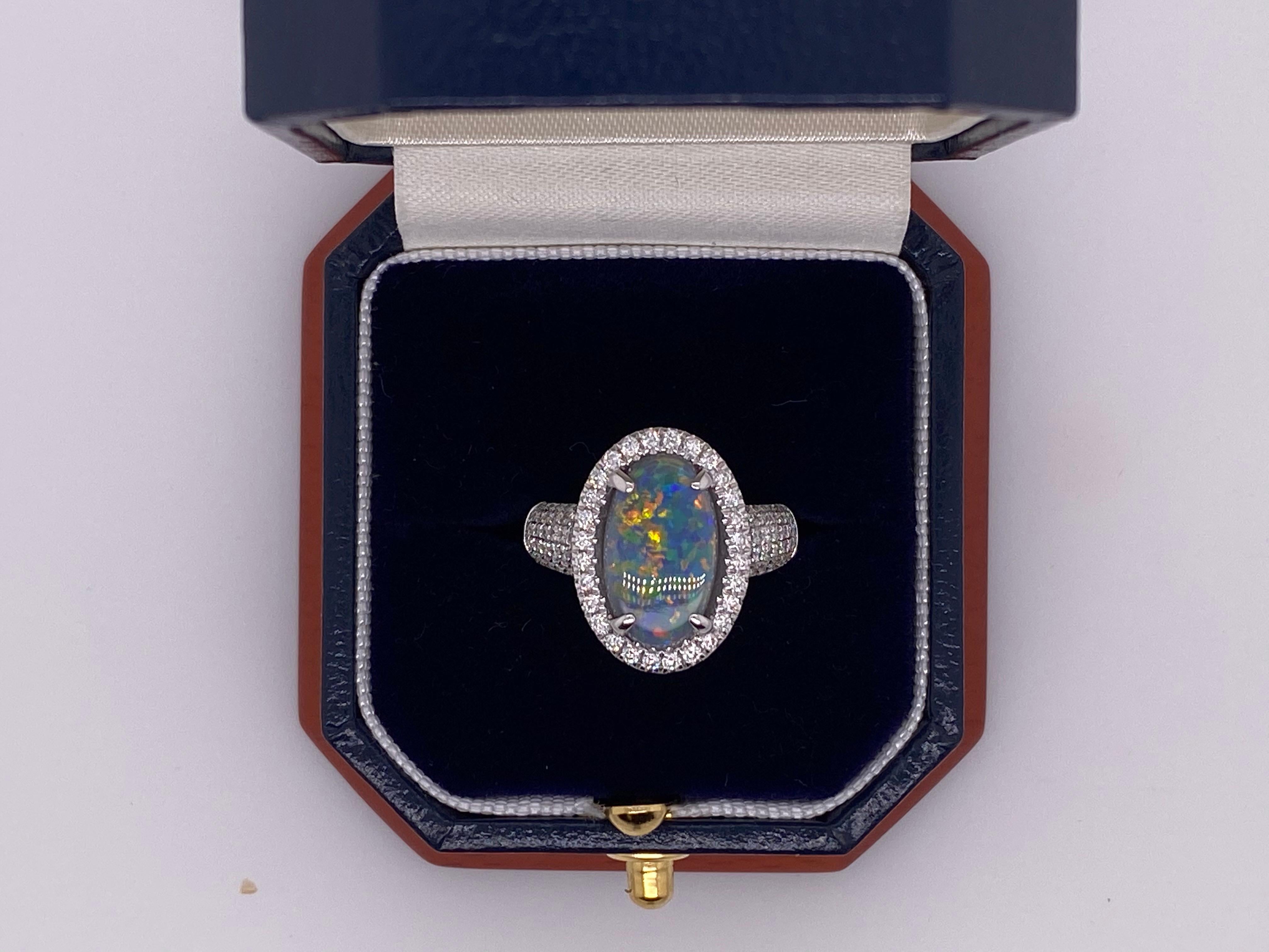 Women's or Men's 2.16ct Australian Multicolor Opal with 0.62ctw Diamond Halo Ring, 18k White Gold For Sale